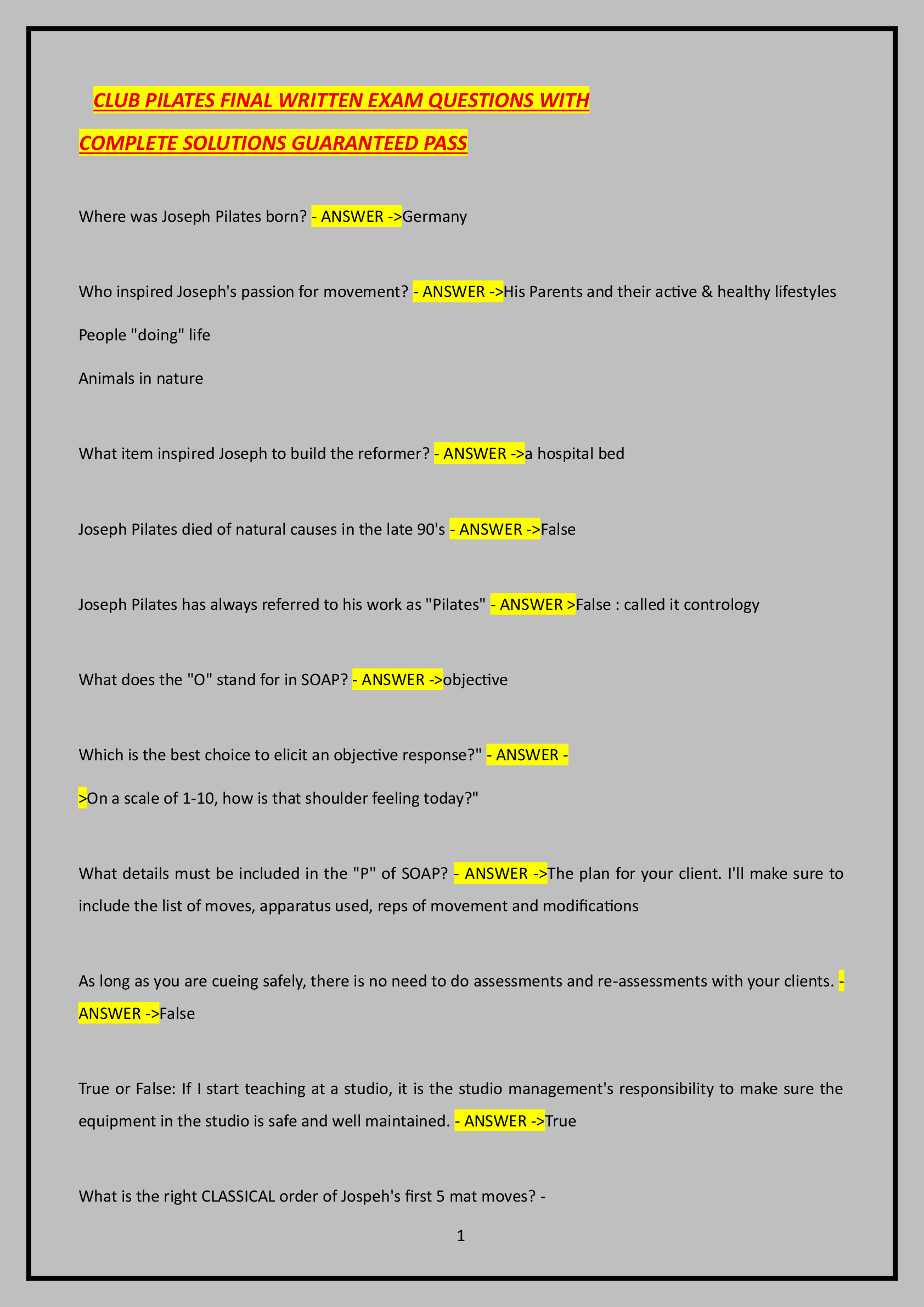 Preview of CLUB PILATES FINAL WRITTEN EXAM QUESTIONS WITH COMPLETE SOLUTIONS GUARANTEED PASS