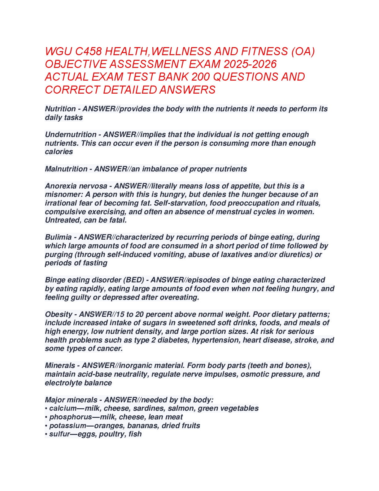Recommended document preview for WGU C458 Health, Wellness and Fitness Objective Assessment Exam Study Guide: Test Bank with Questions and Answers