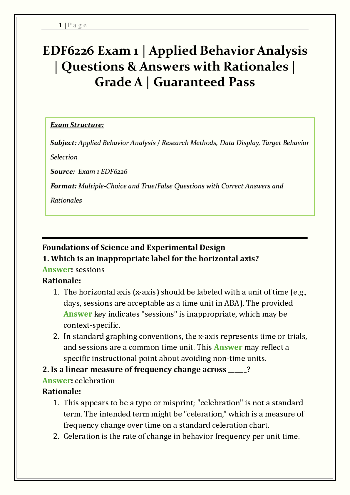 Preview image for UWF EDF 6226 / EDF6226 Exam 1 | Applied Behavior Analysis | Q&A with Rationales | Determinism, FBA, Graph Analysis, Target Behavior Selection | Grade A+ |