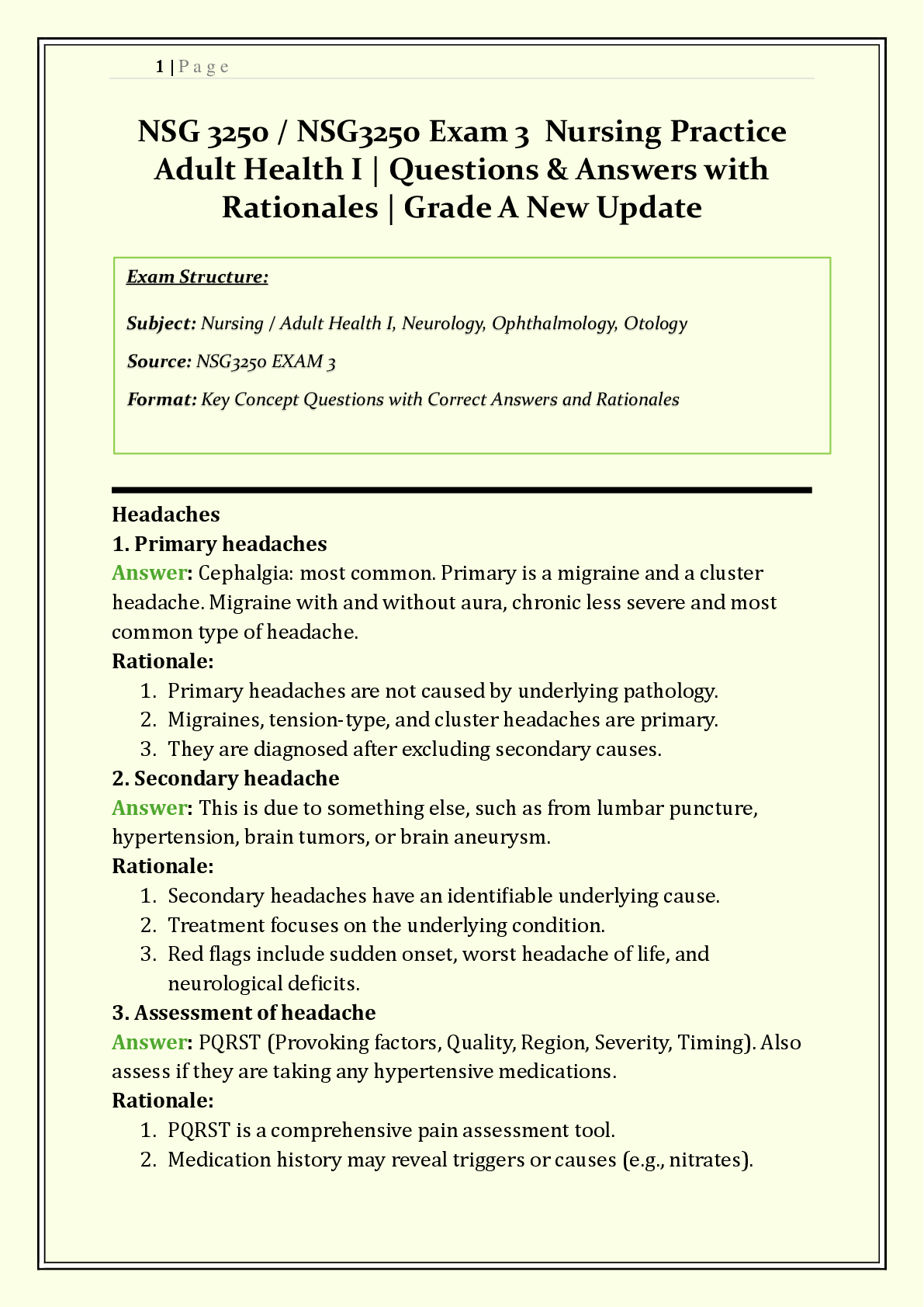 NSG 3250 / NSG3250 Exam 3 Galen | 2026/2027 | Nursing Practice – Adult Health I | Q & A with Rationales | Neurological Disorders, Stroke, Seizures, Parkinson's | Verified Solutions