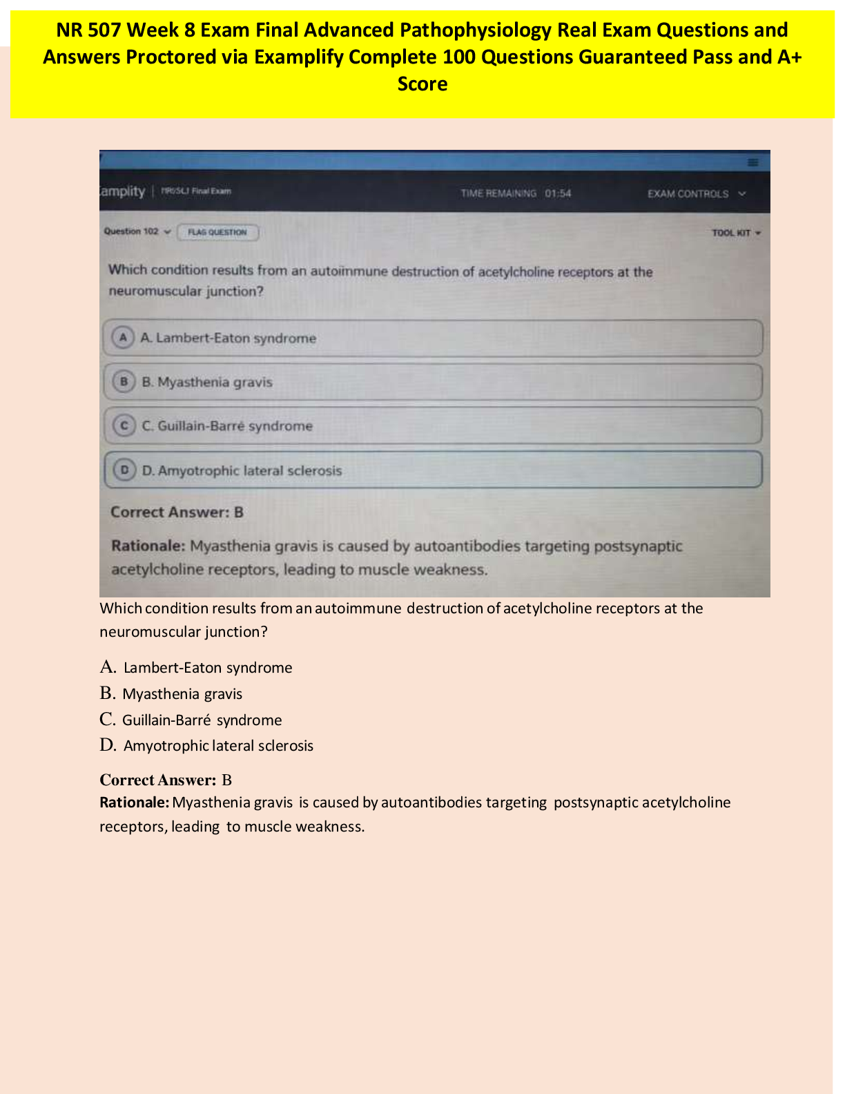Recommended document preview for NR 507 Week 8 Exam Final Advanced Pathophysiology Real Exam Questions and  Answers Proctored via Examplify Complete 100 Questions Guaranteed Pass and A+  Score
