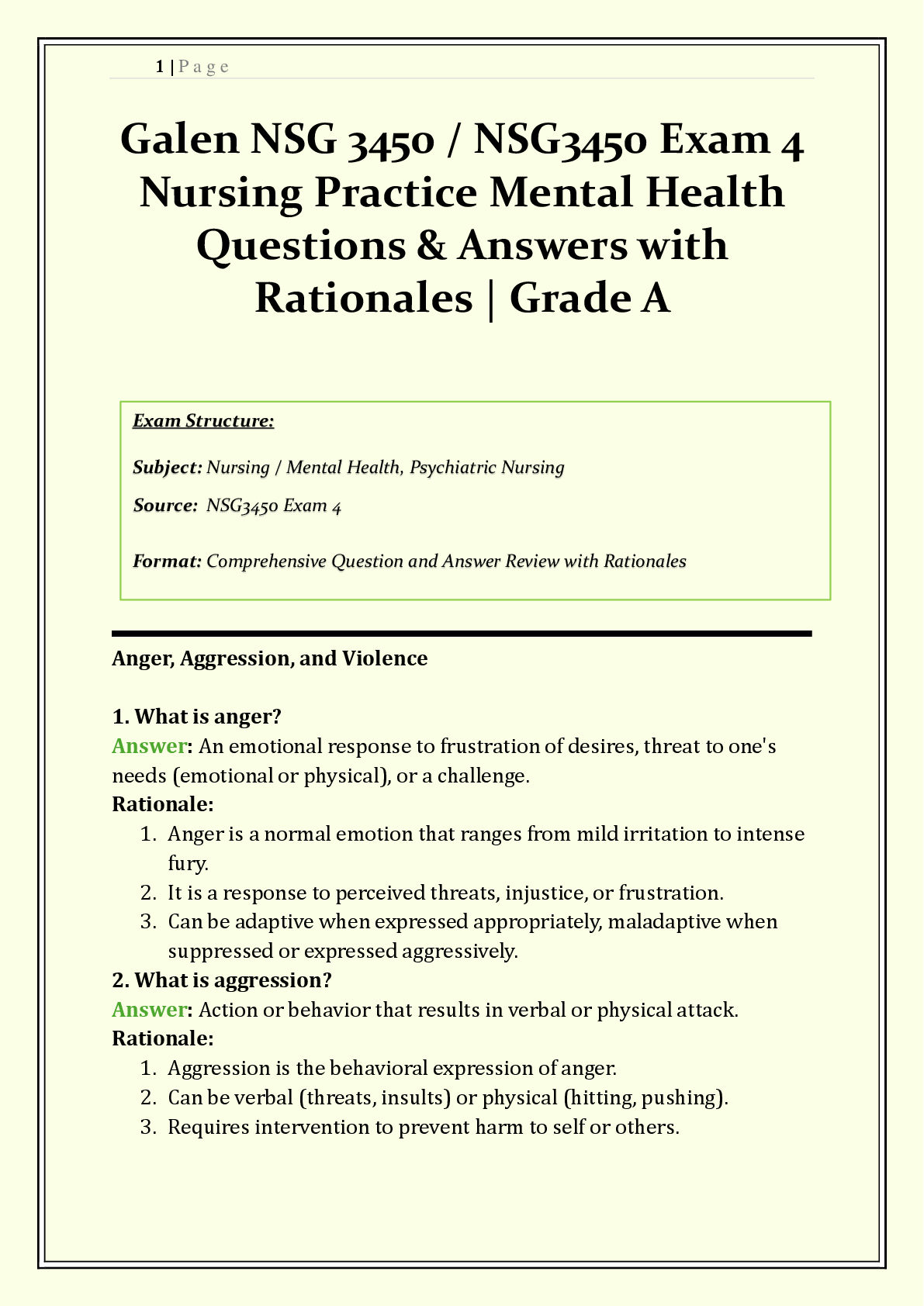 Recommended document preview for NSG 3450 / NSG3450 Exam 4 Galen | 2026/2027 | Nursing Practice – Mental Health | Q & A with Rationales | Antipsychotics, Personality Disorders, Anger Management  | Verified Solutions