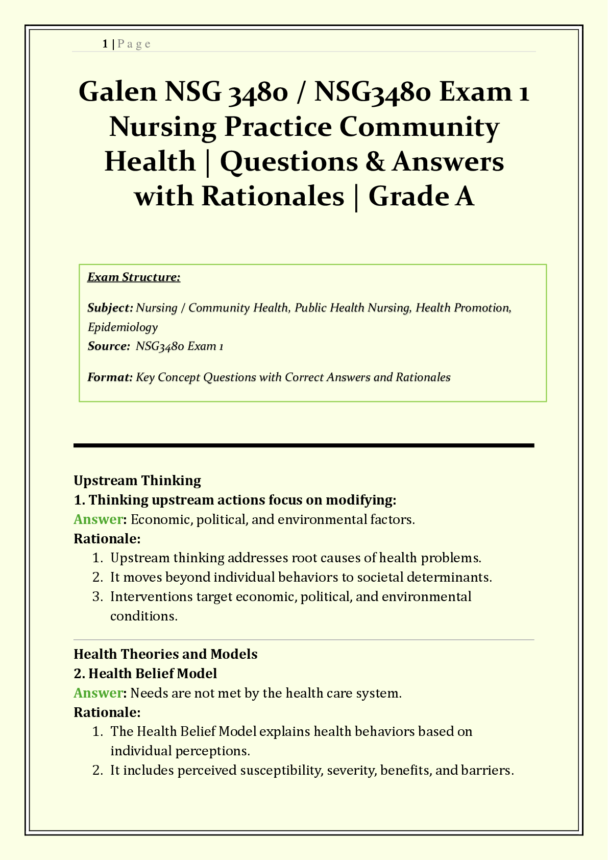NSG 3480 / NSG3480 Exam 1 Galen | 2026/2027 | Nursing Practice – Community Health | Q & A with Rationales | Health Belief Model, Epidemiology, Prevention Levels, Community Assessment | Grade A+