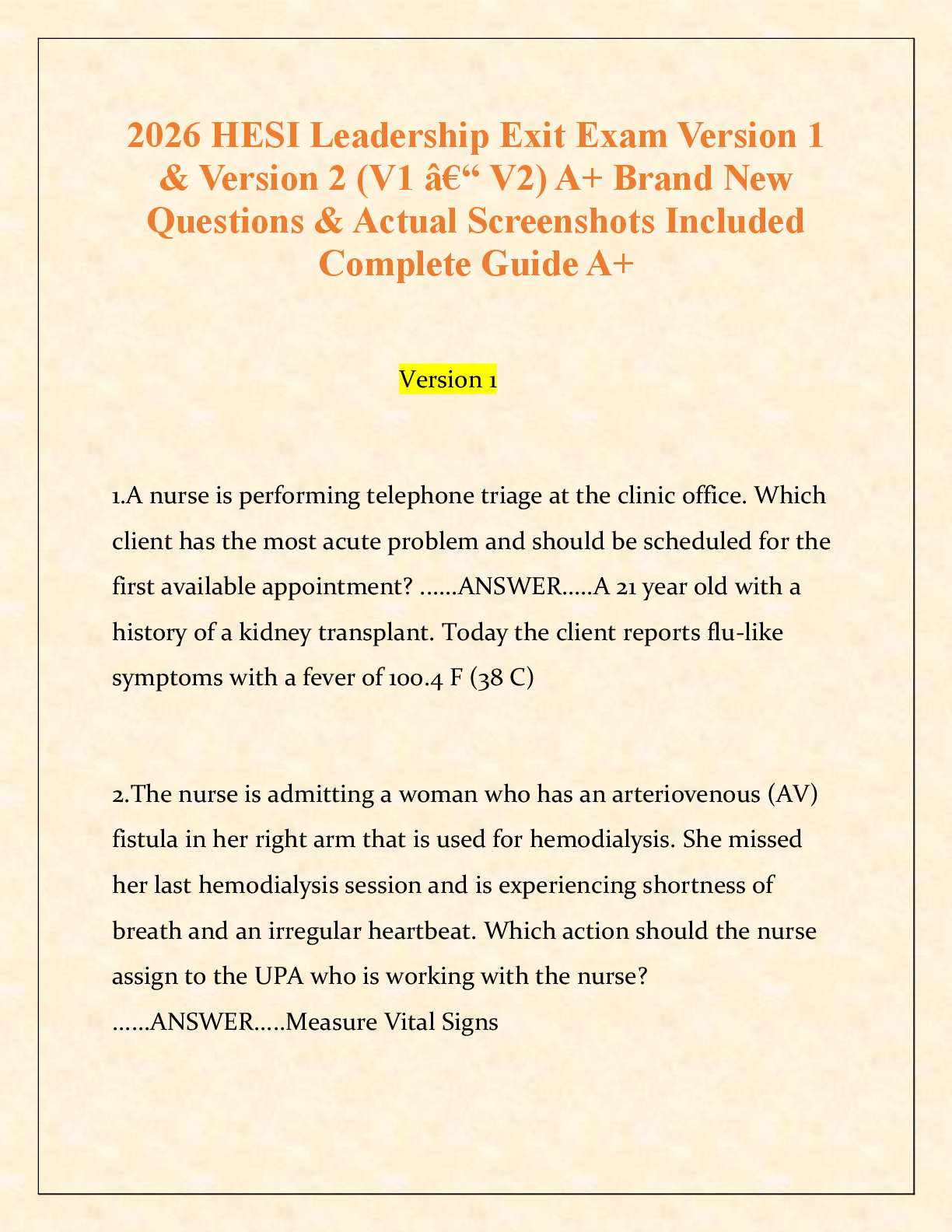 Recommended document preview for 2026 HESI Leadership Exit Exam Version 1 & Version 2 — Complete Study Guide with Answer Rationales