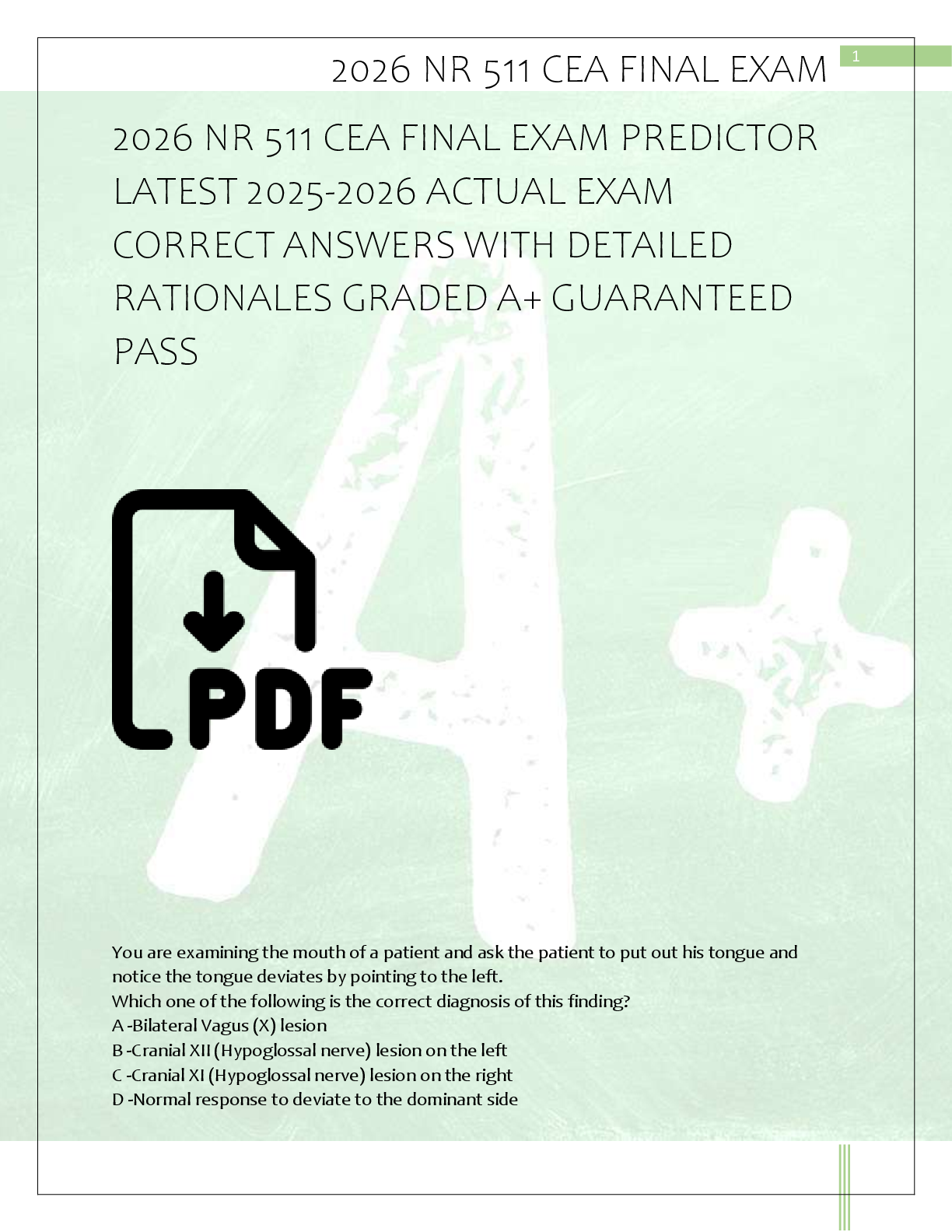 Recommended document preview for 2026 NR 511 CEA FINAL EXAM PREDICTOR  LATEST 2025-2026 ACTUAL EXAM  CORRECT ANSWERS WITH DETAILED  RATIONALES GRADED A+ GUARANTEED  PASS