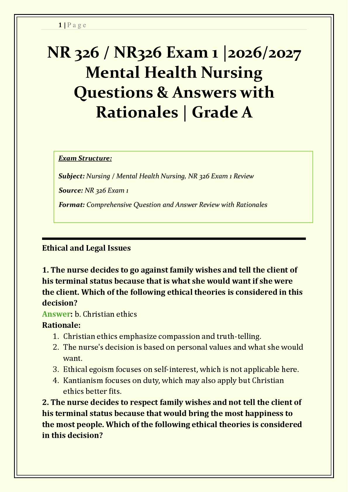 Recommended document preview for NR 326 / NR326 Exam 1 Chamberlain | 2026/2027 | Mental Health Nursing | Q & A with Rationales | Anxiety, Mood Disorders, Defense Mechanisms  | Grade A+ | Verified Solutions