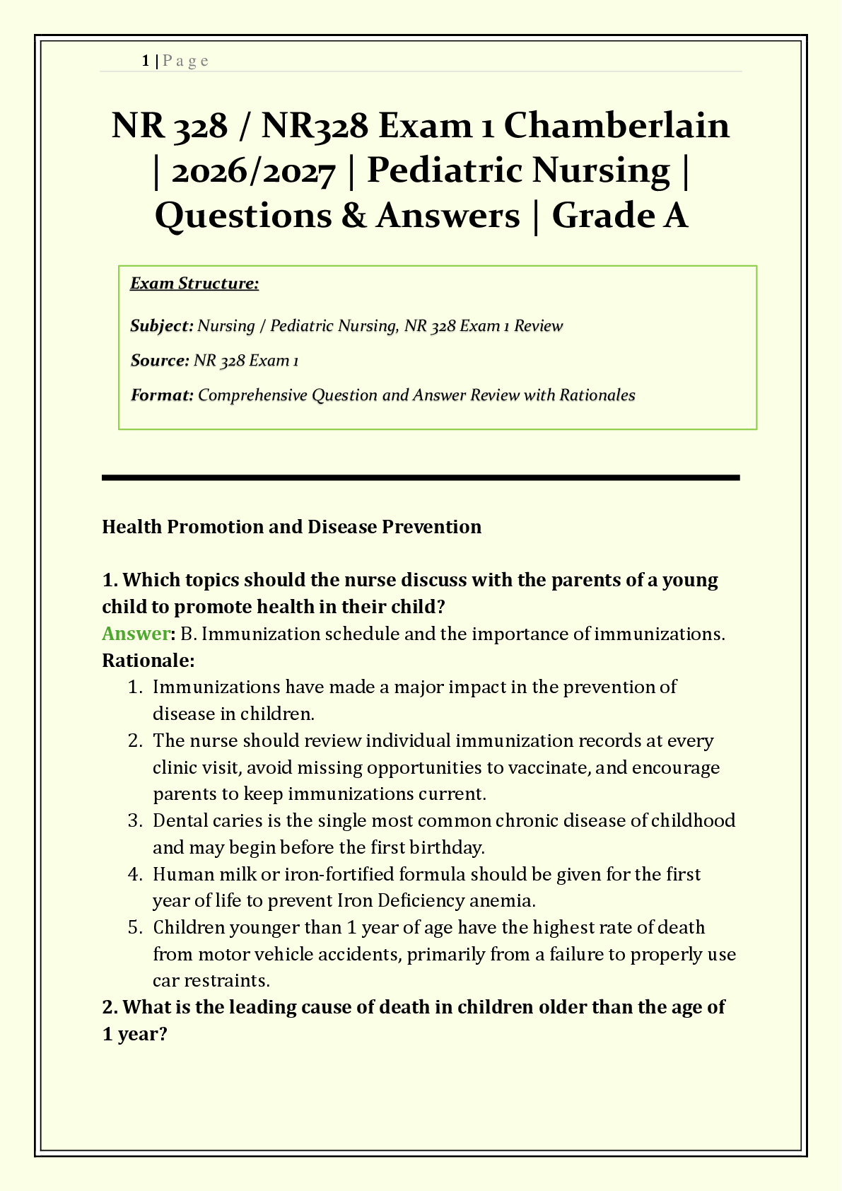 Preview of NR 328 / NR328 Exam 1 Chamberlain | 2026/2027 | Pediatric Nursing | Q & A with Rationales