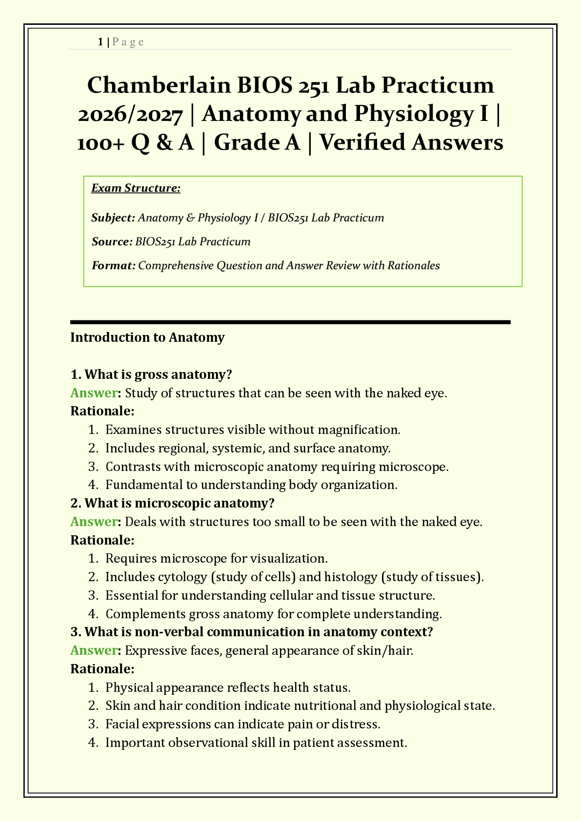 Recommended document preview for BIOS 251 / BIOS251 Lab Practicum Chamberlain | 2026/2027 | Anatomy and Physiology I with Lab | Q & A with Rationales | Anatomical Terminology, Histology, Skeletal System | Verified Solutions