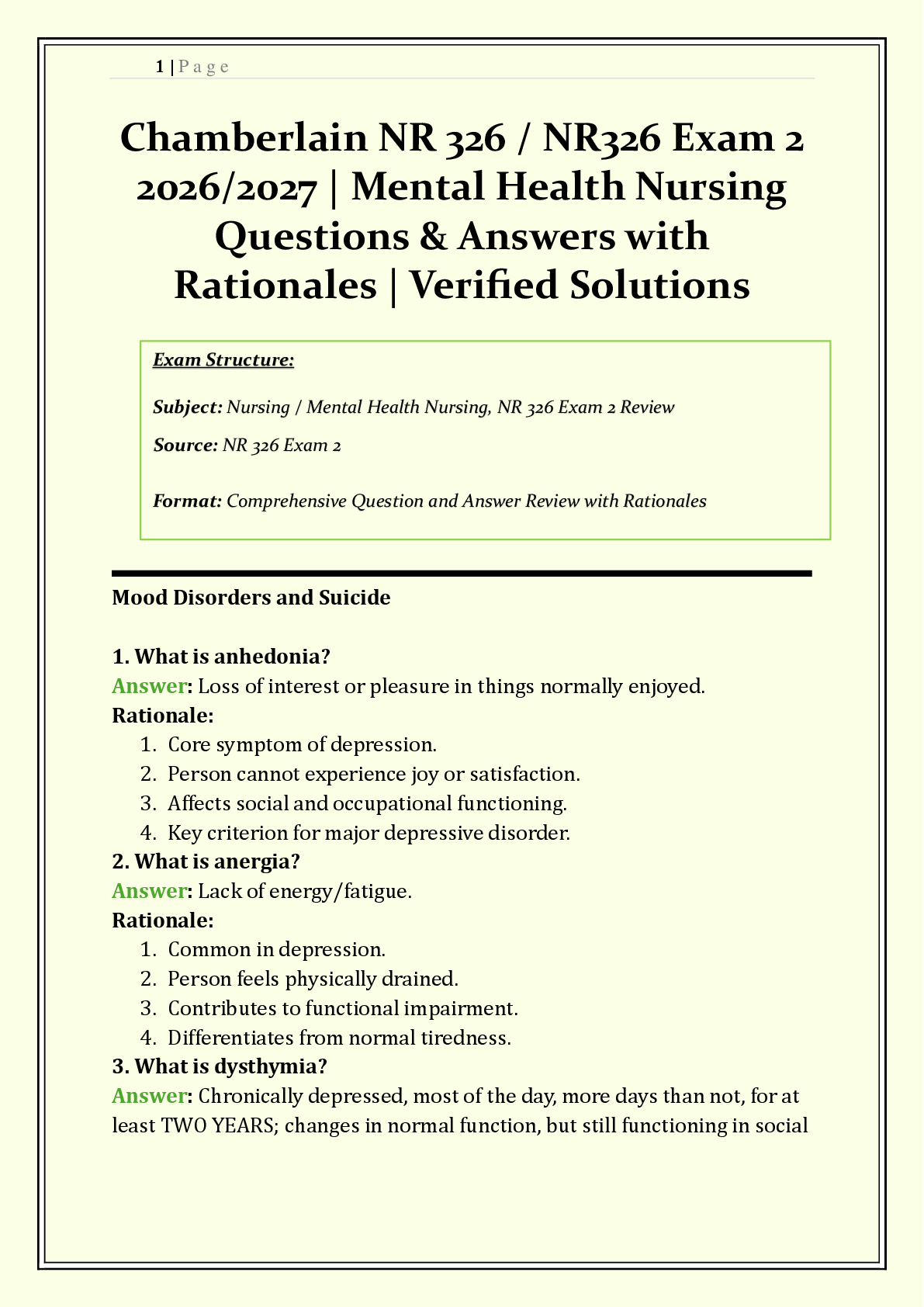 Recommended document preview for Chamberlain NR 326 / NR326 Exam 2 | 2026/2027 | Mental Health Nursing | Q & A with Rationales | Bipolar Disorder, Suicide Risk, PTSD, ECT  | Verified Solutions