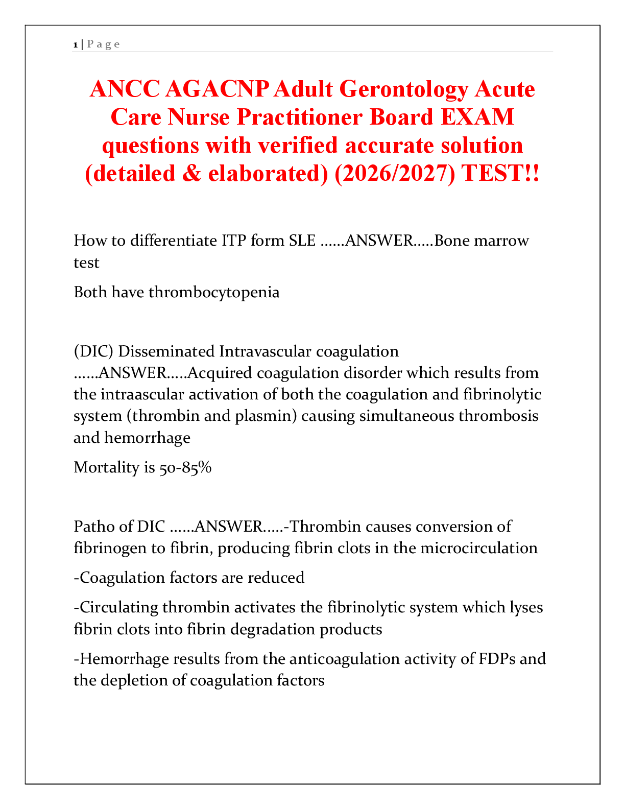Recommended document preview for ANCC AGACNP Adult Gerontology Acute Care Nurse Practitioner Board EXAM Questions with Verified Accurate Solution