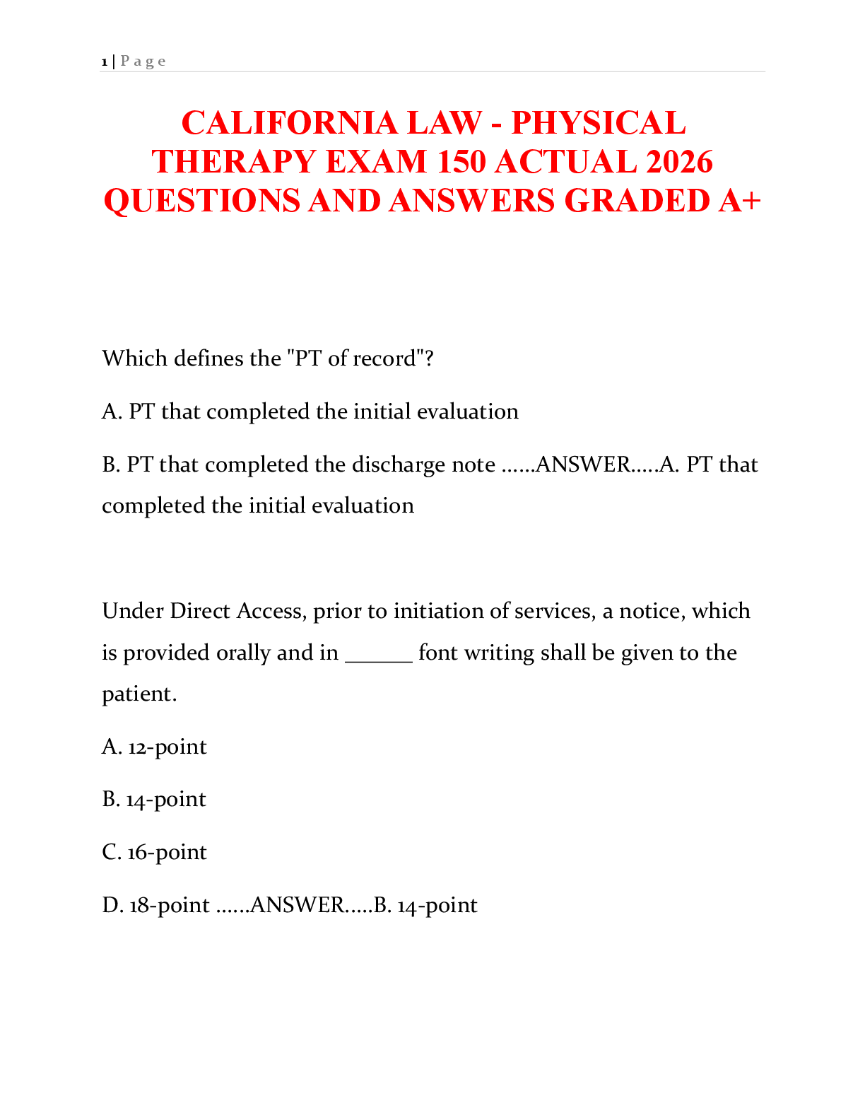 Recommended document preview for California Physical Therapy Law Exam Study Guide: 150 Questions with Verified Answers