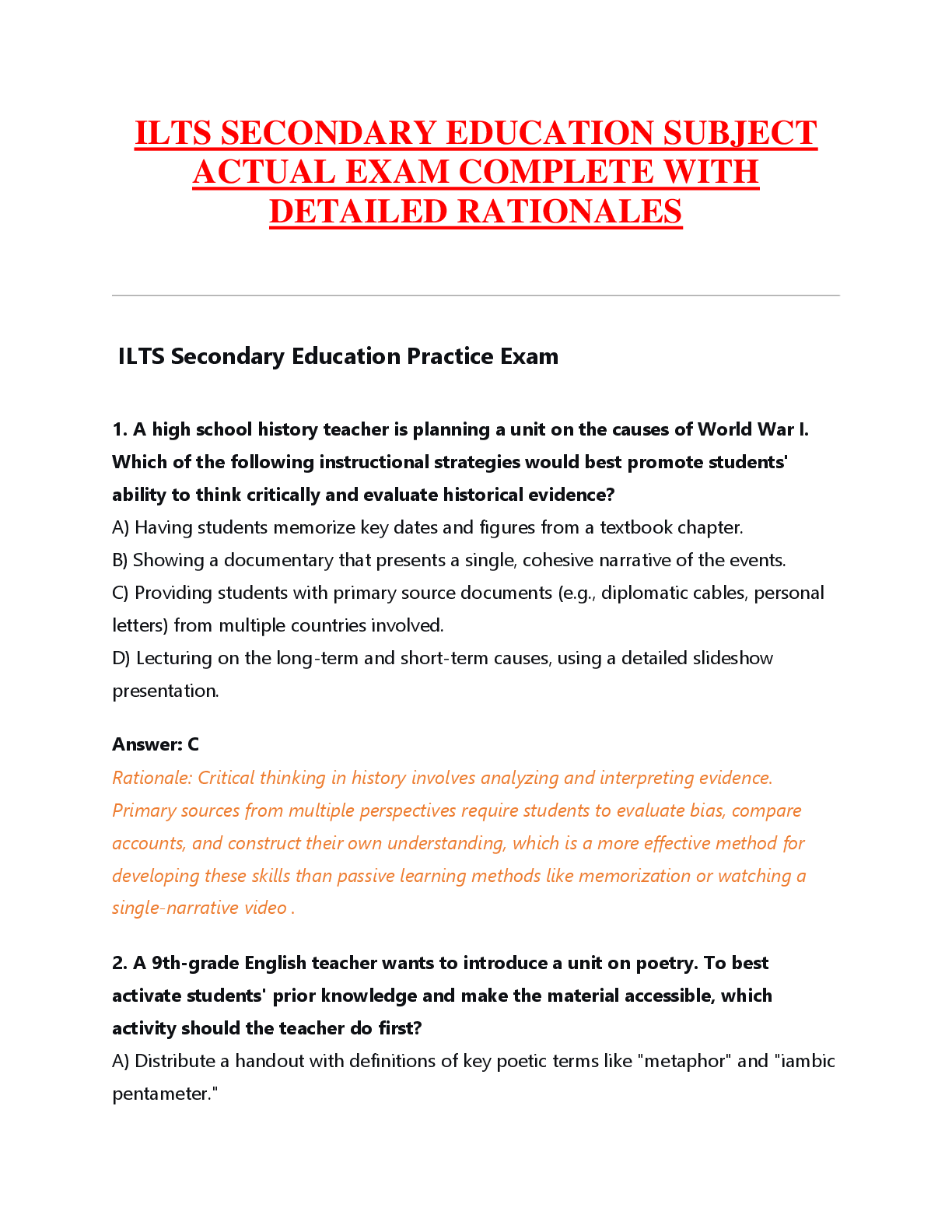 Preview image for ILTS SECONDARY EDUCATION SUBJECT  ACTUAL EXAM COMPLETE WITH  DETAILED RATIONALES