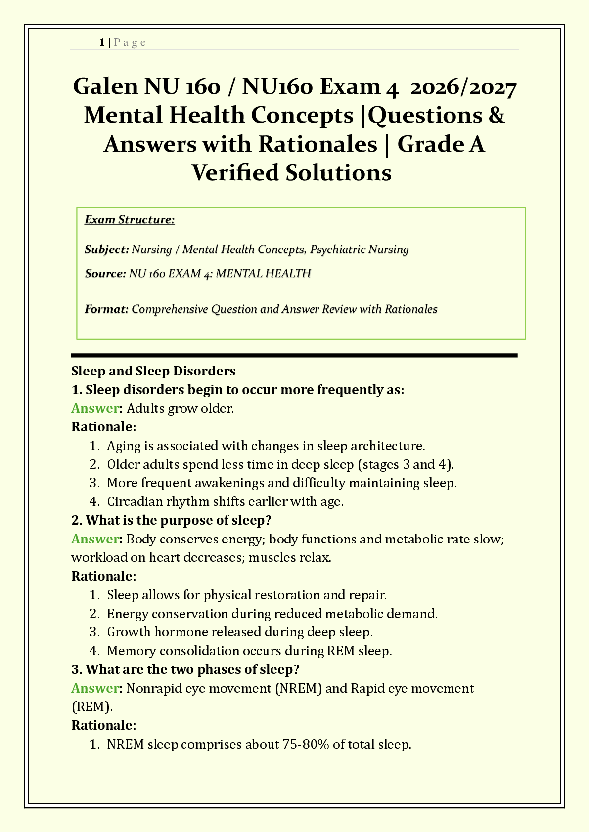 Recommended document preview for NU 160 / NU160 Exam 4 Galen | 2026/2027 | Mental Health Concepts | Q & A with Rationales | Childhood Disorders, Adolescence, Grief | Verified Solutions