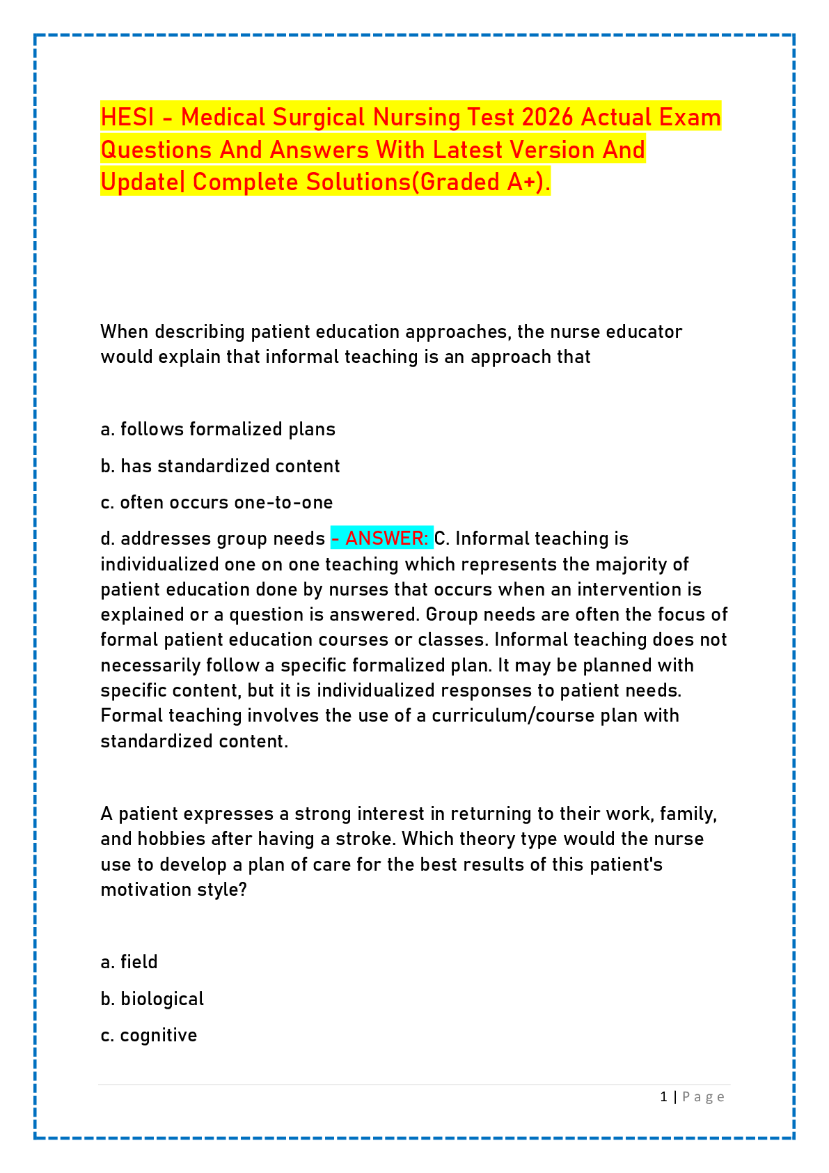Recommended document preview for HESI - Medical Surgical Nursing Test 2026 Actual Exam Questions And Answers With Latest Version And Update| Complete Solutions(Graded A+).