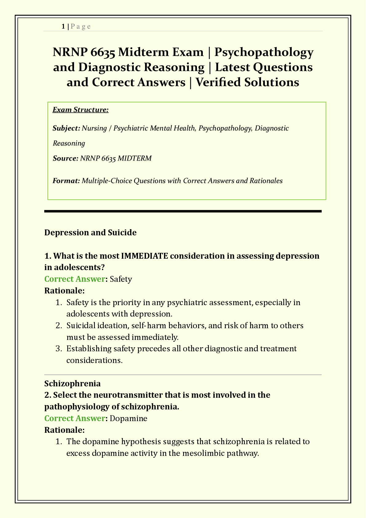Recommended document preview for NRNP 6635 / NRNP6635 Midterm Exam Walden | 2026/2027 | Psychopathology and Diagnostic Reasoning | Q & A with Rationales | DSM-5-TR Criteria, Mood Disorders, Psychopharmacology | Verified Solutions