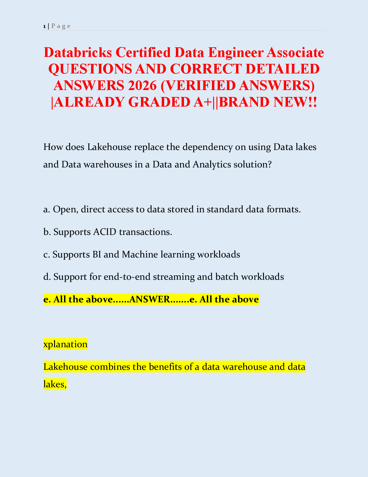 Preview of Databricks Certified Data Engineer Associate Exam Study Guide: Questions and Verified Answers