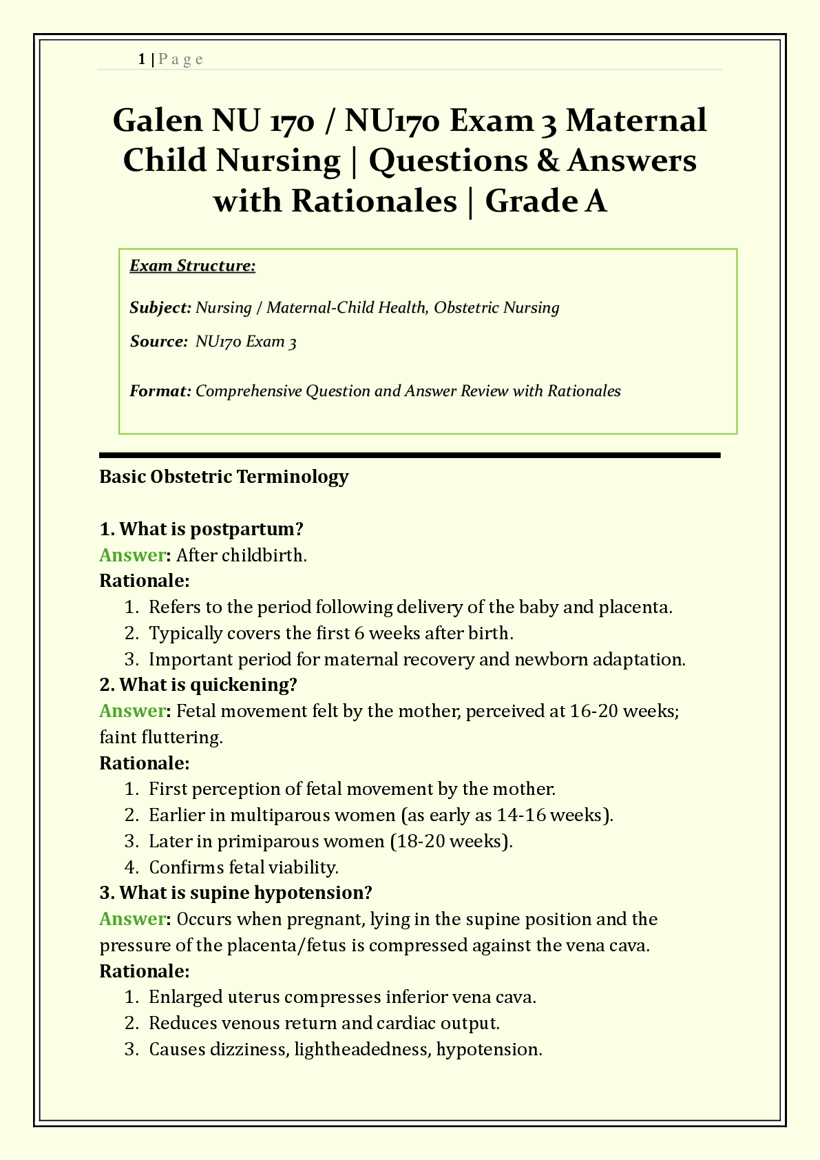 Recommended document preview for Galen NU 170 / NU170 Exam 3 Study Guide 2026/2027 | Maternal Child Nursing & Medical-Surgical Concepts | Q & A with Rationales | Postpartum Assessment, Diabetes, Musculoskeletal | Grade A