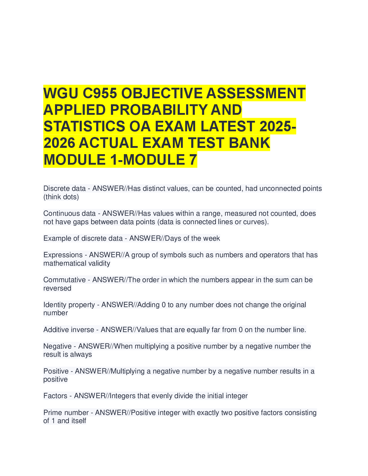 Recommended document preview for WGU C955 Applied Probability and Statistics Objective Assessment Exam Study Guide: Test Bank with Questions and Answers