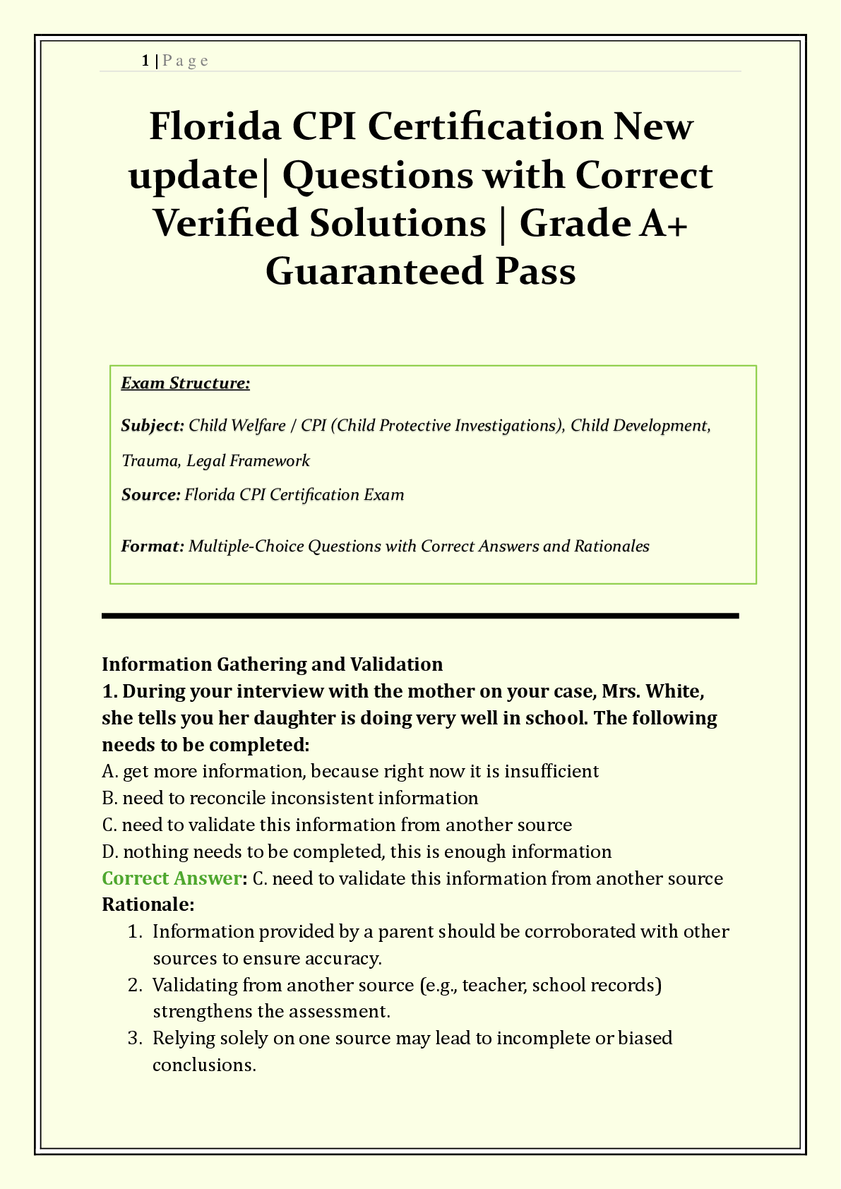 Recommended document preview for Florida CPI Certification Exam 2026/2027 | Child Protective Investigator Practice Test |  Questions & Verified Answers | Grade A+ | Guaranteed Pass