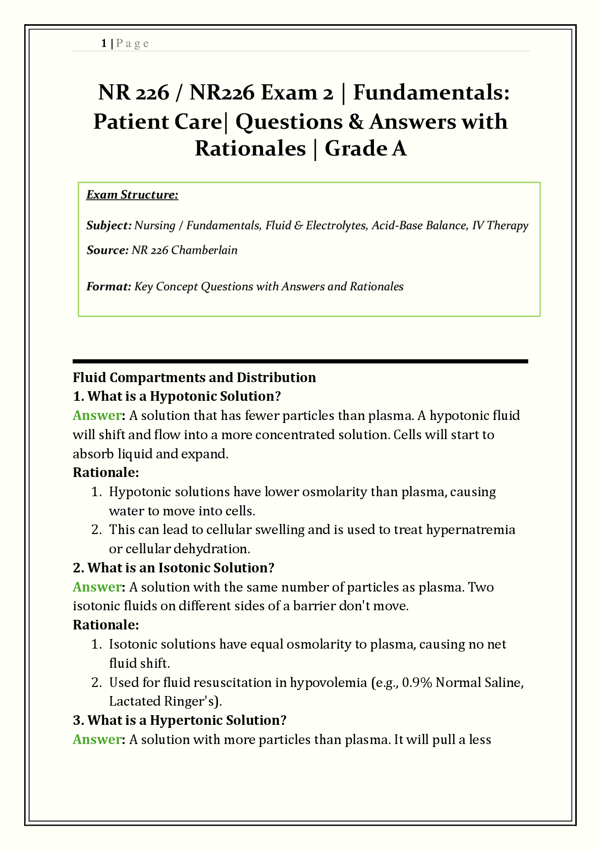 Recommended document preview for NR 226 / NR226 Exam 2 Chamberlain | Fundamentals: Patient Care | Q&A with Rationales | Sleep, Pain Management, Fluid Balance | Verified Solutions