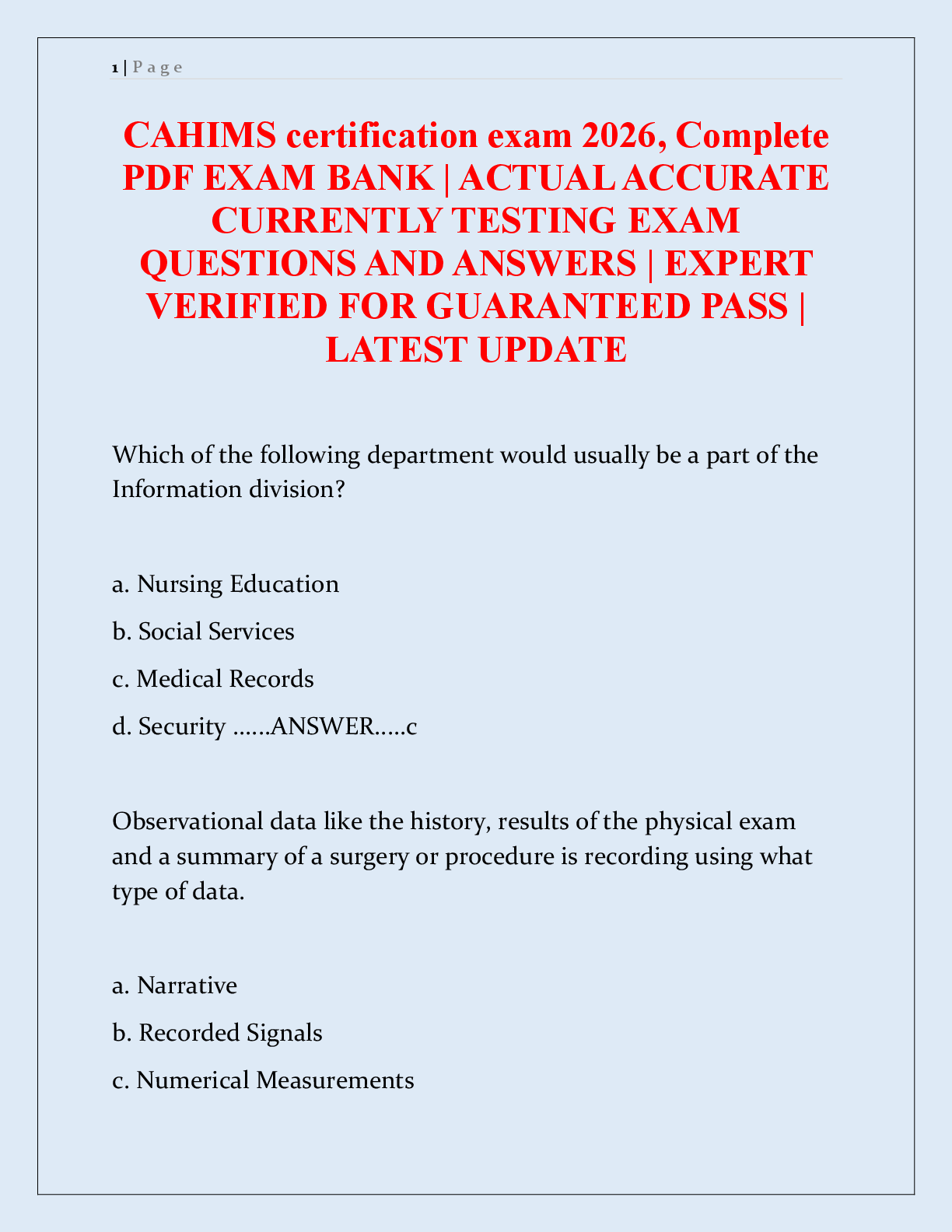 Recommended document preview for CAHIMS Certification Exam Study Guide: Complete Question Bank with Verified Answers