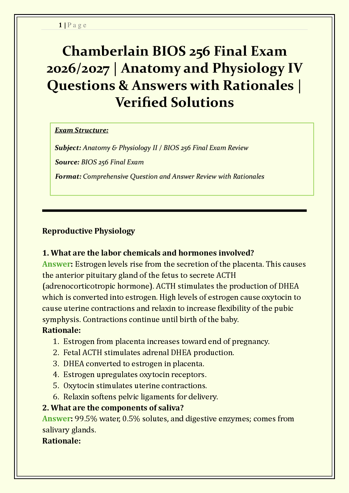 Recommended document preview for BIOS 256 / BIOS256 Final Exam Chamberlain | 2026/2027 | Anatomy and Physiology IV with Lab | Q & A with Rationales | Digestive System, Urinary System, Metabolism | Verified Solutions