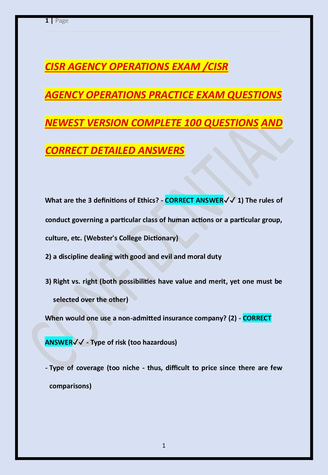 Recommended document preview for CISR AGENCY OPERATIONS EXAM /CISR AGENCY OPERATIONS PRACTICE EXAM QUESTIONS NEWEST VERSION COMPLETE 100 QUESTIONS AND CORRECT DETAILED ANSWERS