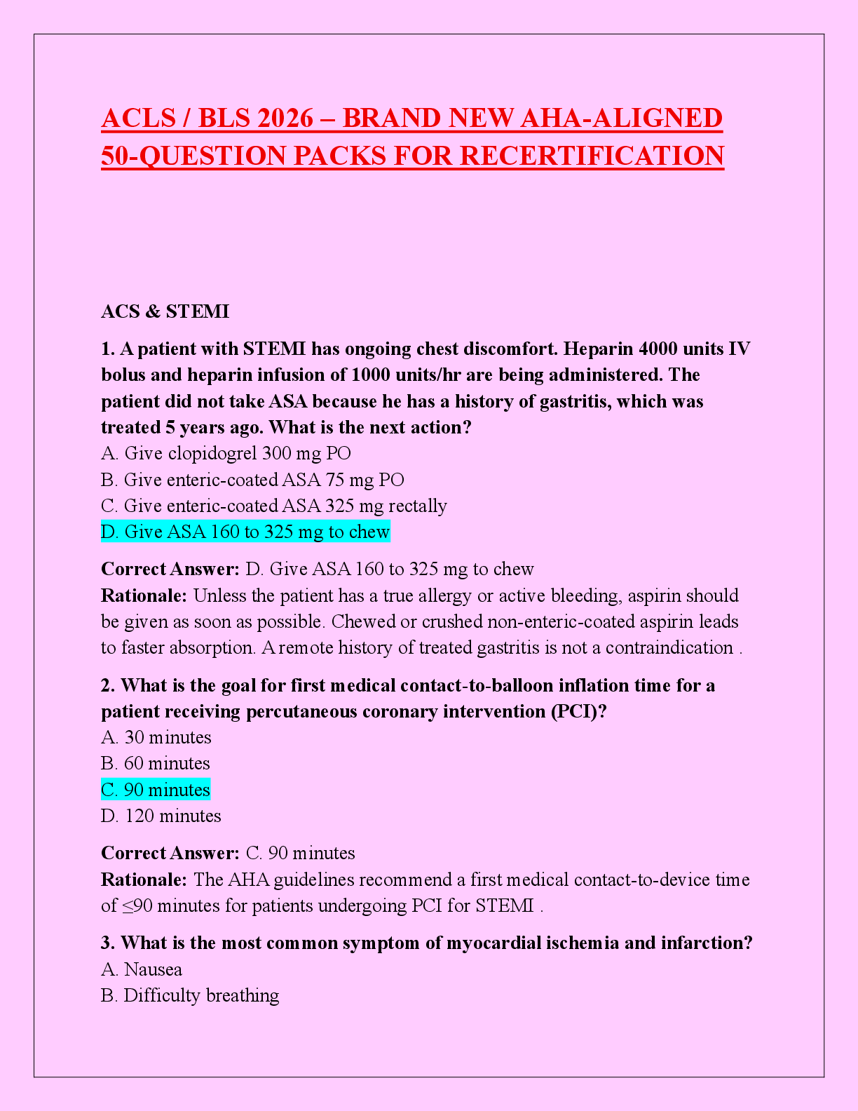 Preview image for ACLS / BLS 2026 – BRAND NEW AHA ALIGNED 50-QUESTION PACKS FOR  RECERTIFICATION