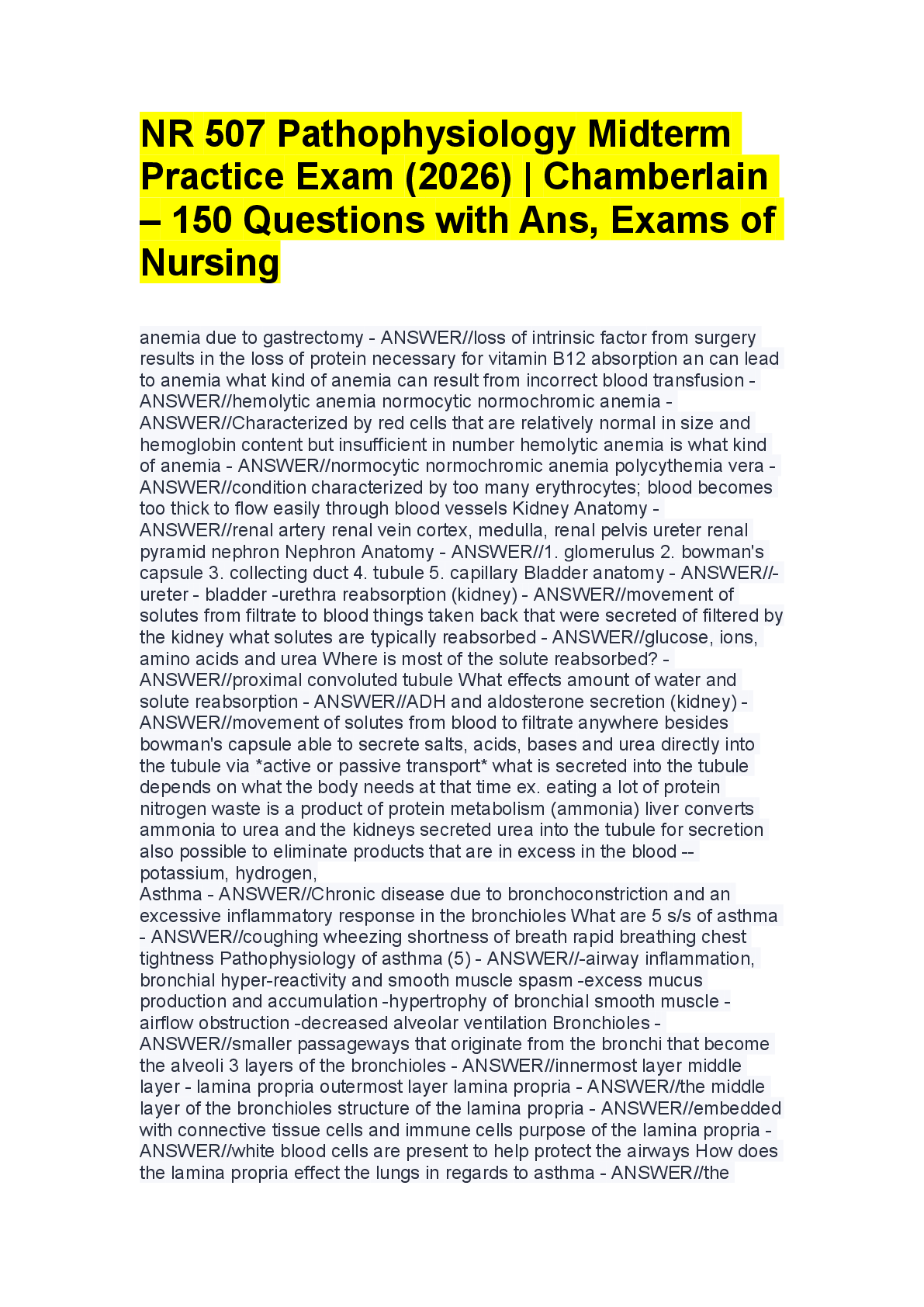Recommended document preview for NR 507 Pathophysiology Midterm Practice Exam: 150 Questions with Answers