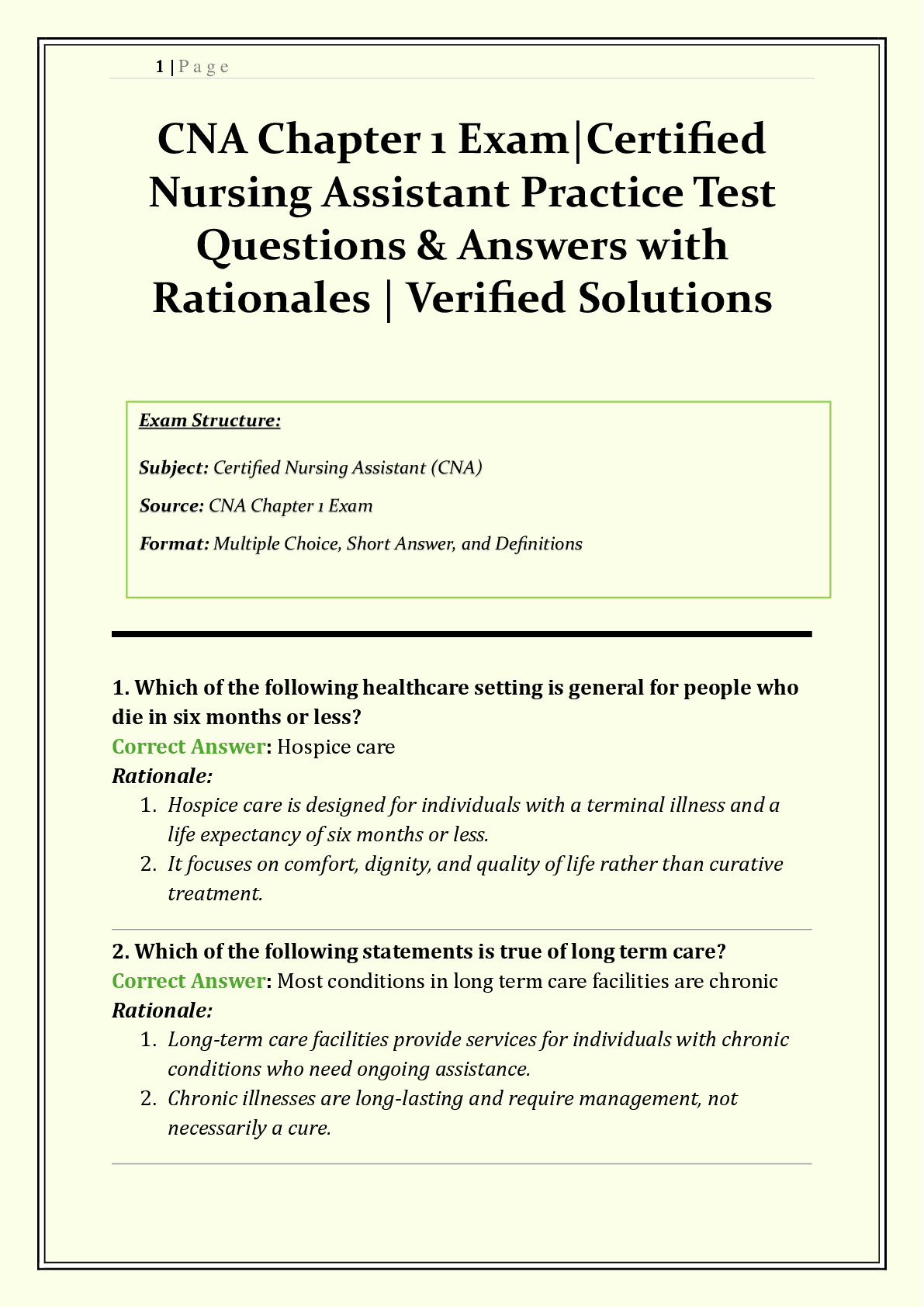 Preview of CNA Chapter 1 Exam | Certified Nursing Assistant Practice Test | Questions & Answers with Rationales | OBRA, Residents' Rights, Healthcare Settings | Verified Solutions | Guaranteed Pass