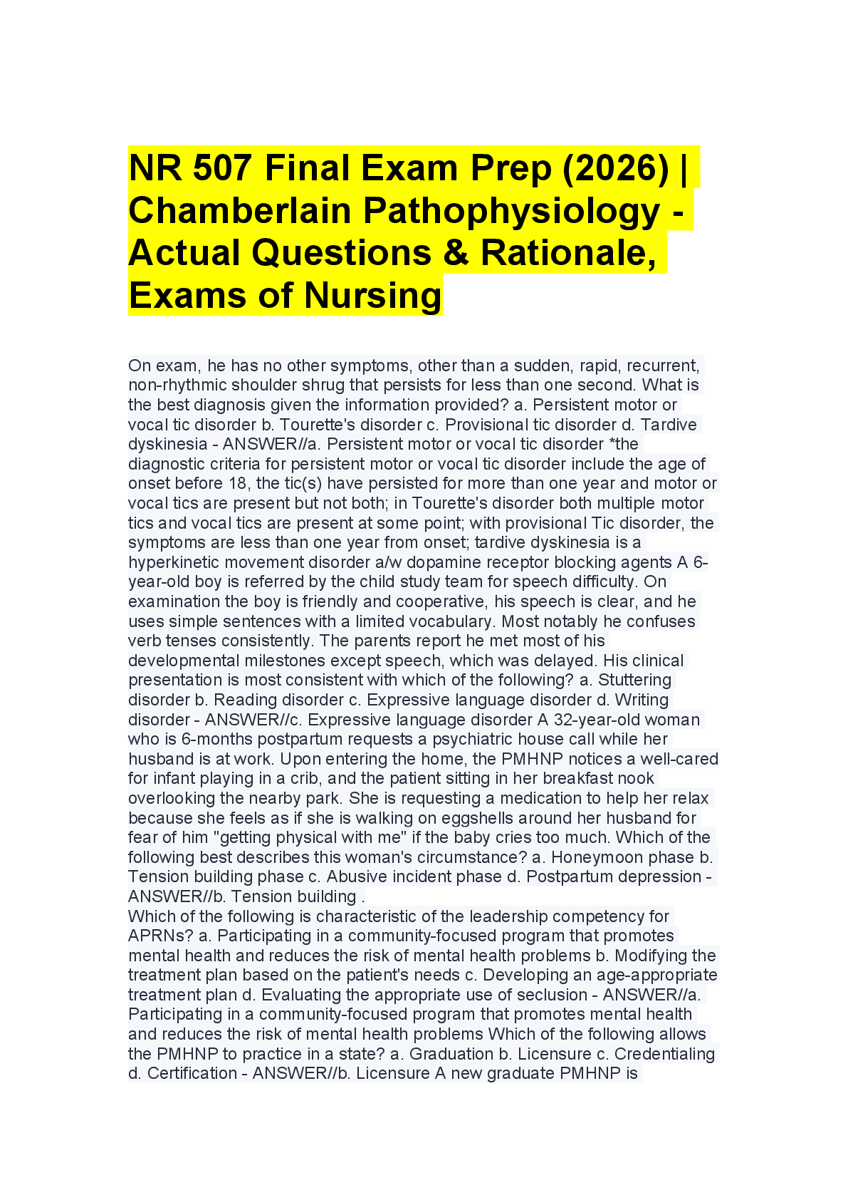 Preview of NR 507 Final Exam Prep: Pathophysiology – Practice Questions with Answers and Rationale