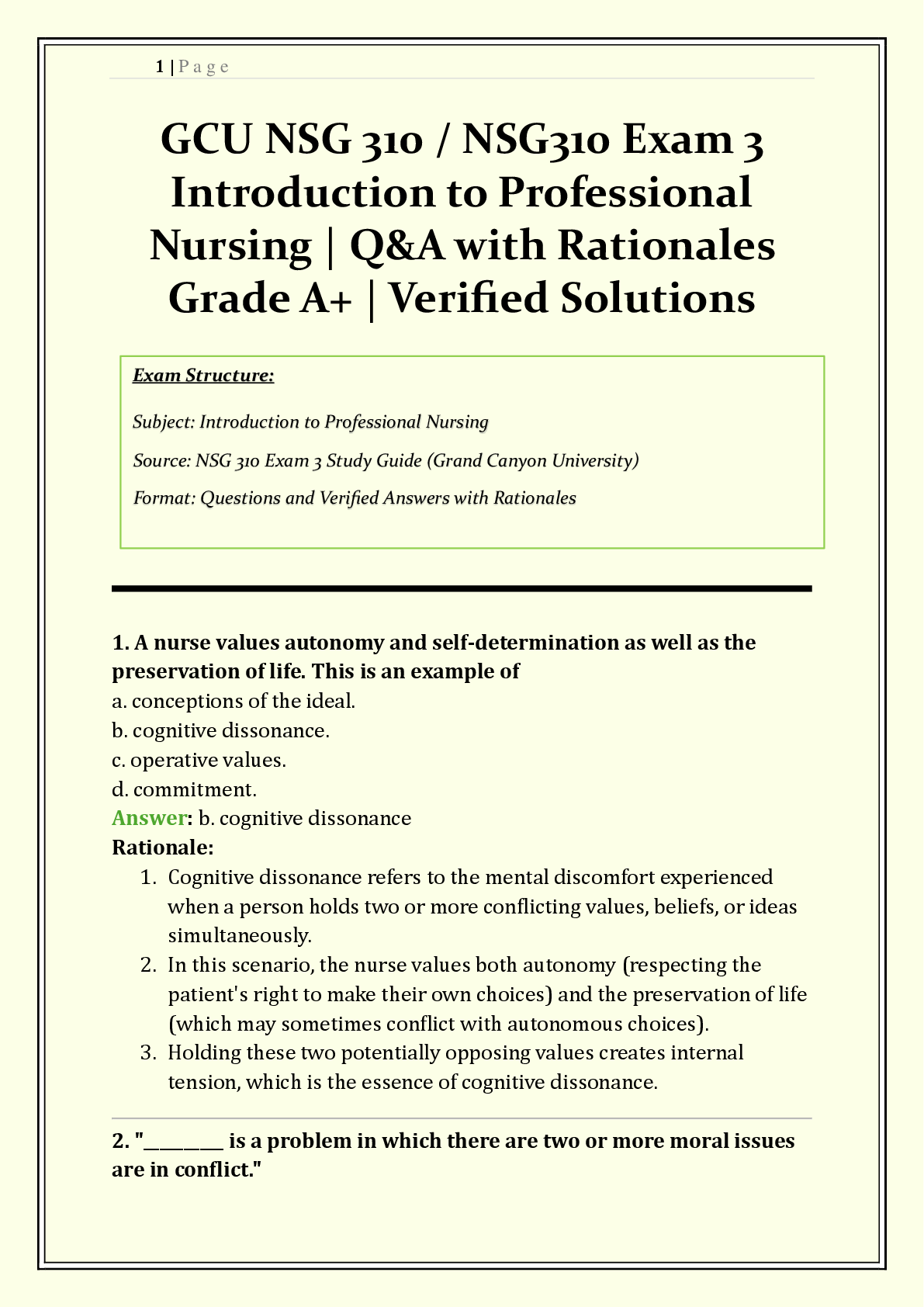 Preview image for GCU NSG 310 / NSG310 Exam 3 | 2026/2027 | Introduction to Professional Nursing | Q & A with Rationales | Therapeutic Communication, Crisis Intervention, Conflict Resolution | Verified Solutions