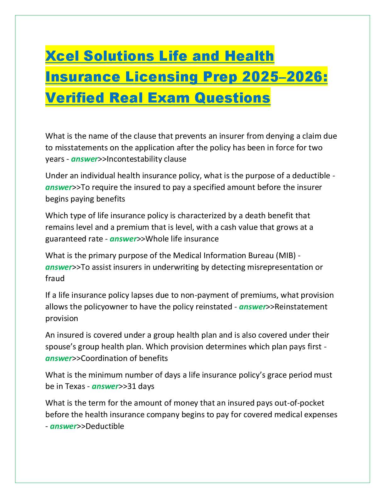 Recommended document preview for Xcel Solutions Life and Health Insurance Licensing Prep 2025–2026: Verified Real Exam Questions