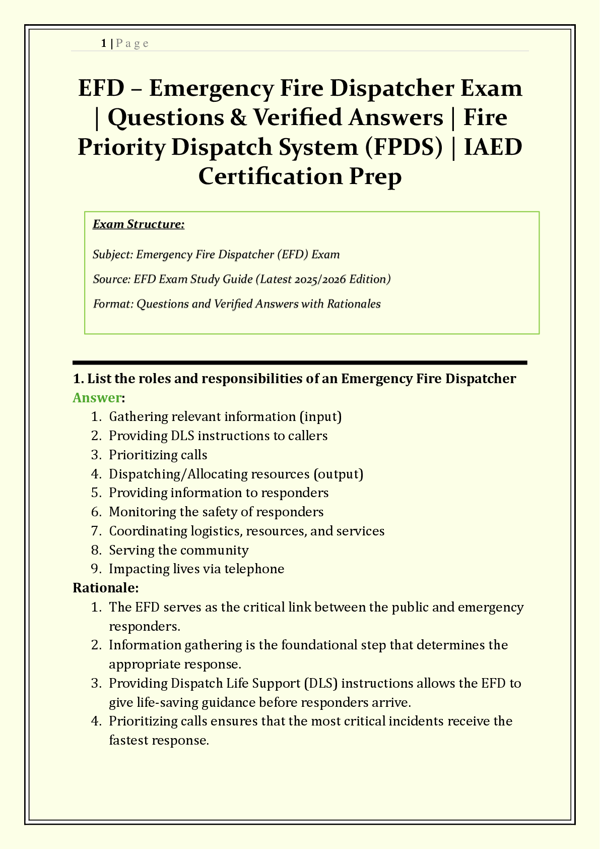 Preview of EFD – Emergency Fire Dispatcher Exam 2026/2027 | Questions & Verified Answers | Fire Priority Dispatch System (FPDS) | IAED Certification Prep | Grade A+