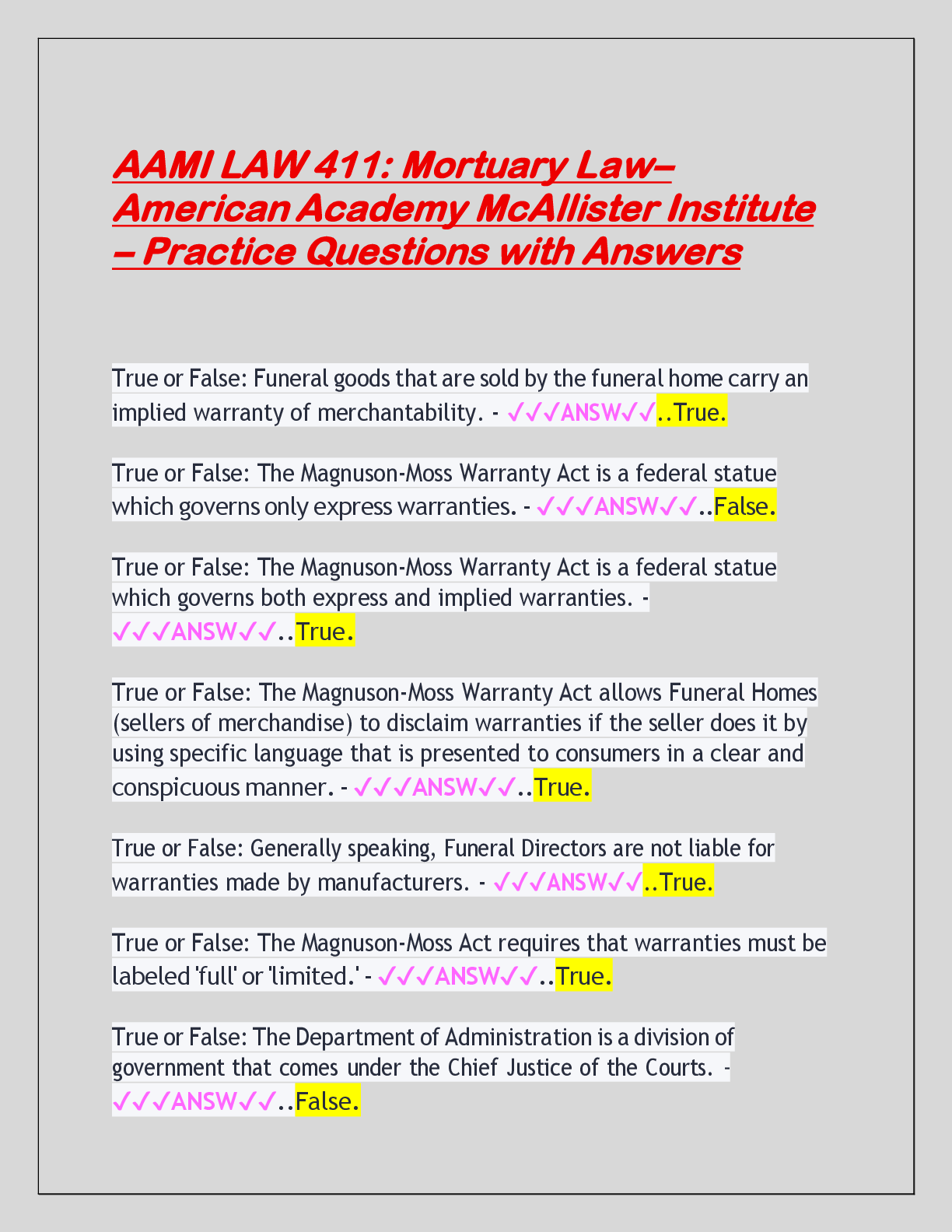 Preview image for AAMI LAW 411: Mortuary Law–  American Academy McAllister Institute – Practice Questions wit