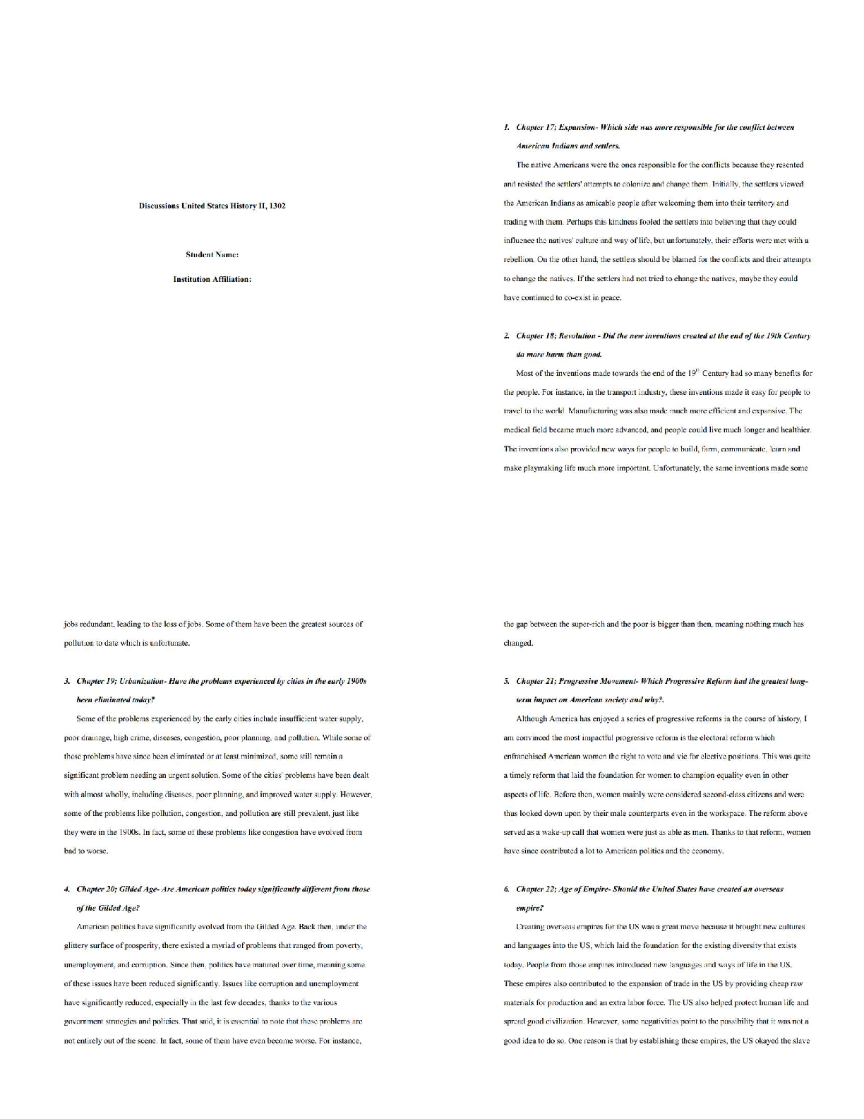 Recommended document preview for United States History II (HIST 1302) Discussions / Key Topics, Themes & Exam Prep 2025 Update