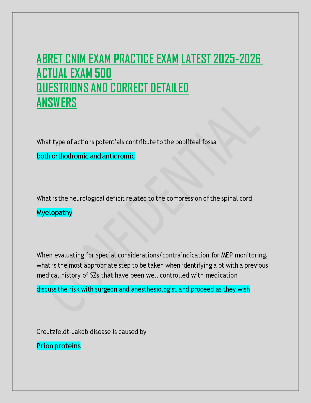 Recommended document preview for ABRET CNIM EXAM PRACTICE EXAM LATEST 2025-2026  ACTUAL EXAM 500  QUESTRIONS AND CORRECT DETAILED  ANSWERS