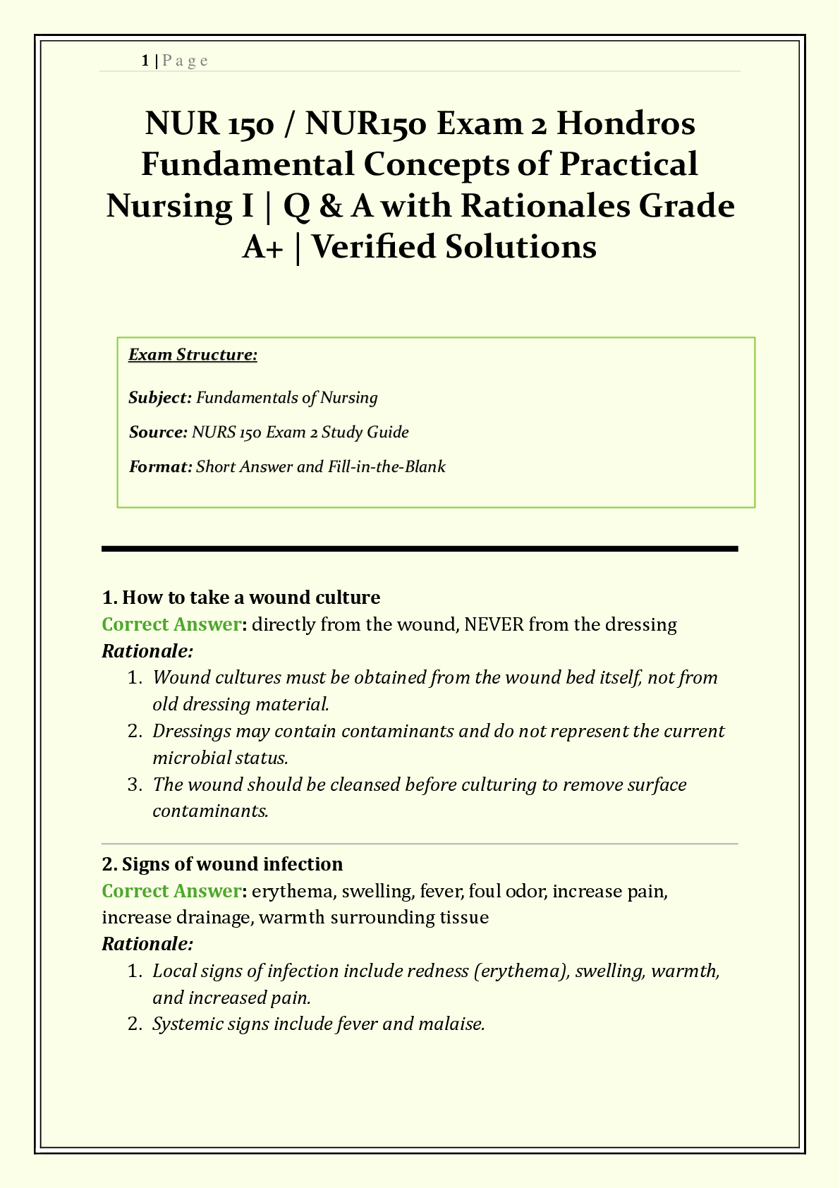 Preview of NUR 150 / NUR150 Exam 2 Hondros 2026/2027 | Fundamental Concepts of Practical Nursing I | Q&A with Rationales | Pressure Ulcers, NG Tube, Pain Management | Verified Solutions