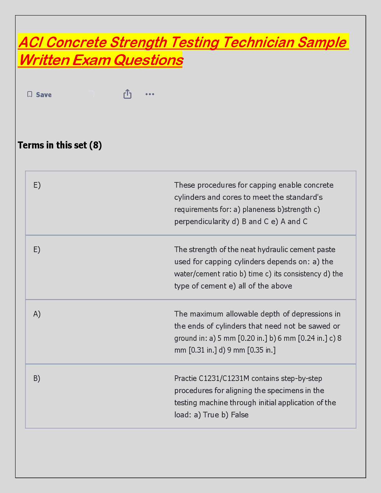 ACI Concrete Strength Testing Technician Sample  Written Exam Questions
