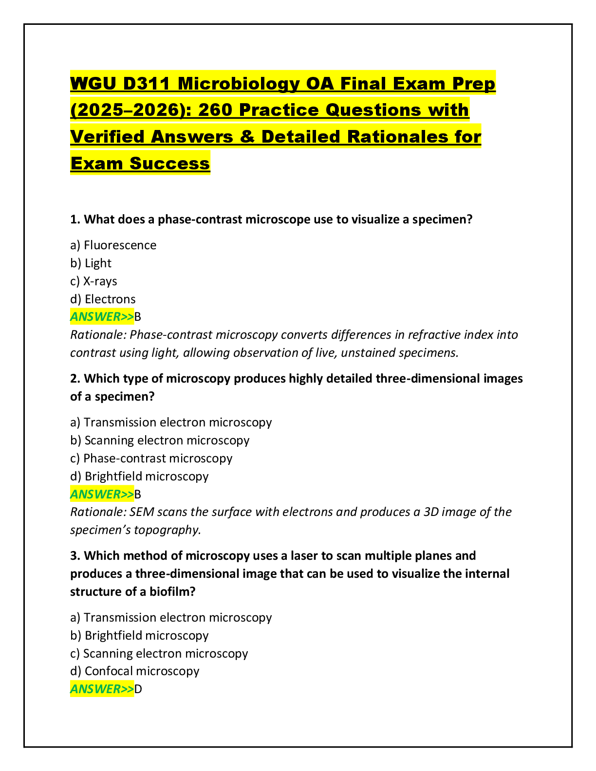 Recommended document preview for WGU D311 Microbiology OA Final Exam Prep (2025–2026): 260 Practice Questions with Verified Answers & Detailed Rationales for Exam Success
