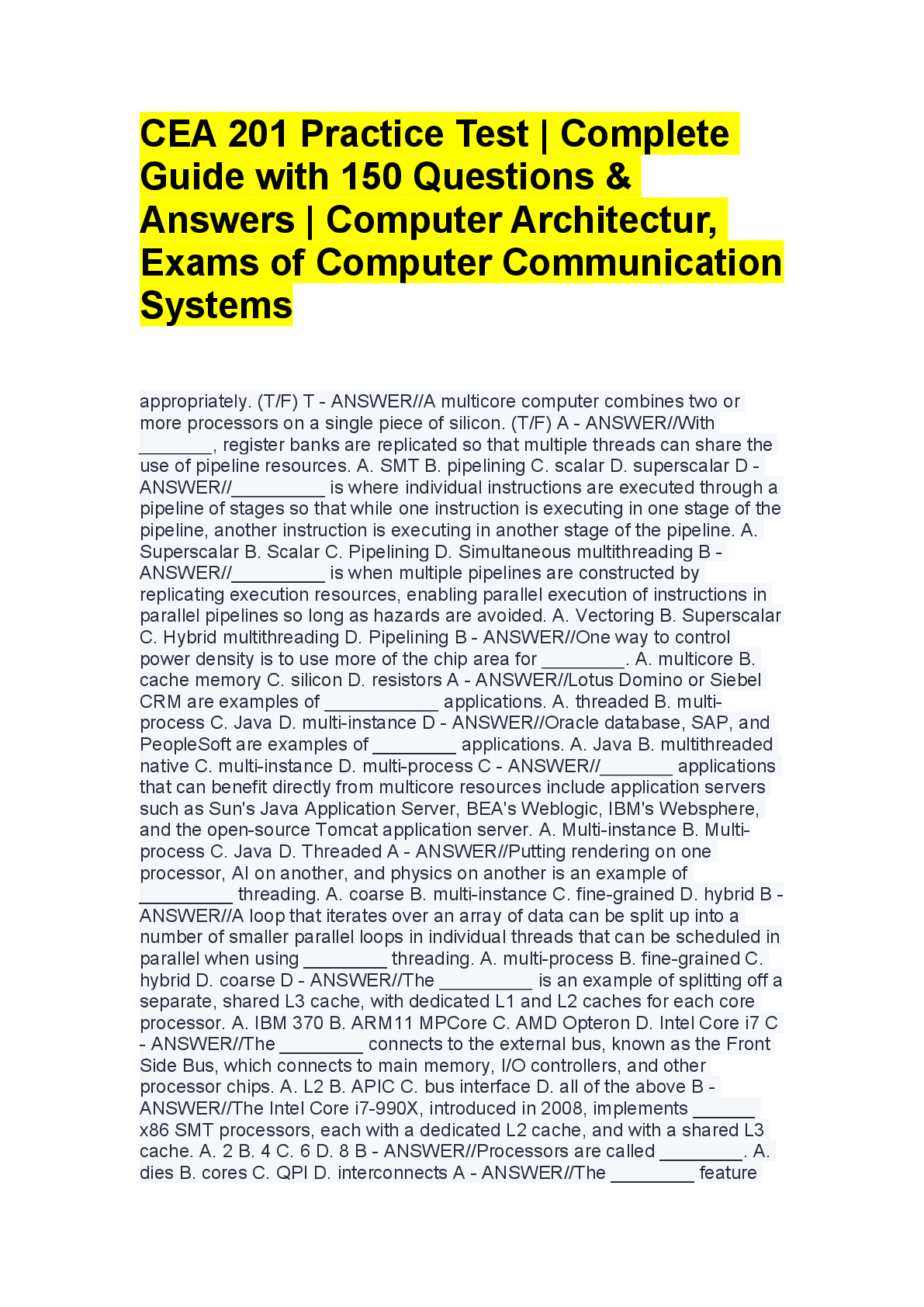 Preview of Computer Organization and Architecture Practice Test: CEA 201