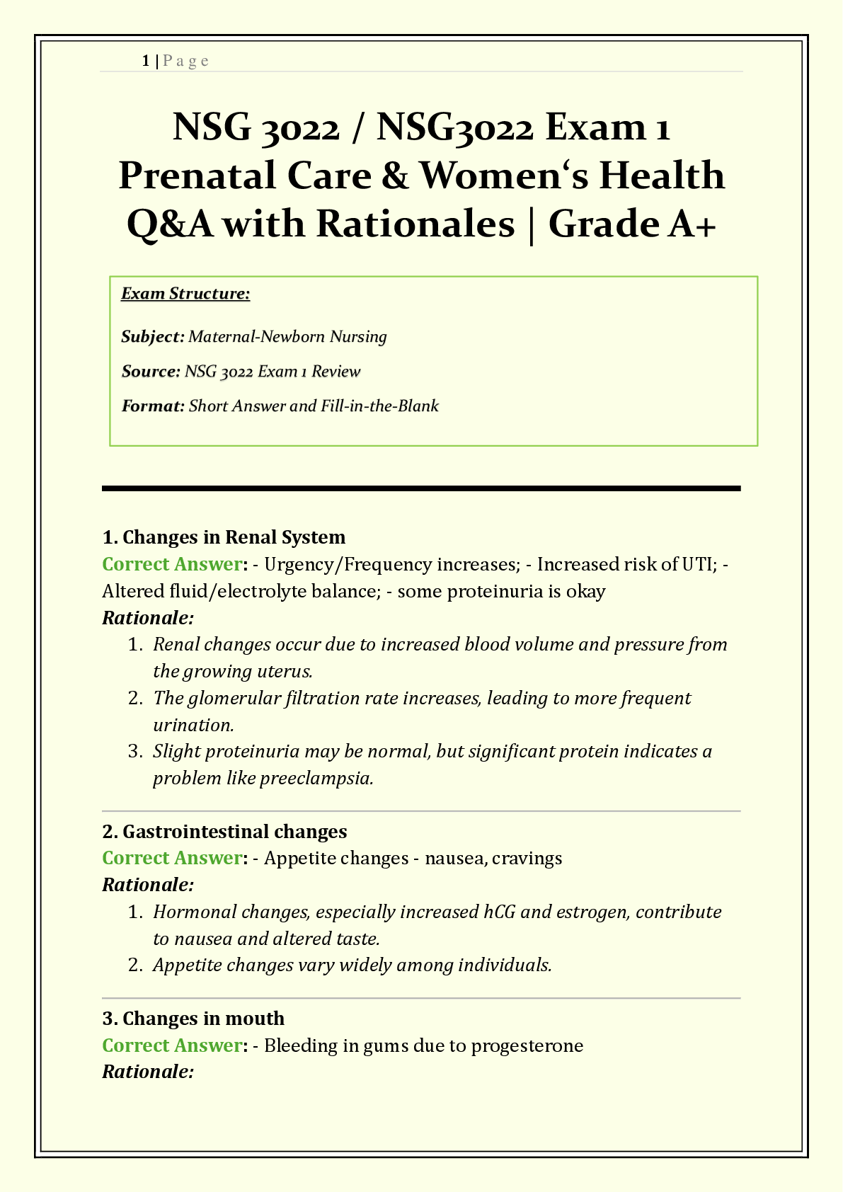 Preview of NSG 3022 / NSG3022 Exam 1 | 2026/2027 | Prenatal Care & Women‘s Health | Q & A with Rationales | GTPAL, HIV in Pregnancy, Preeclampsia, Fetal Assessment | Verified Solutions