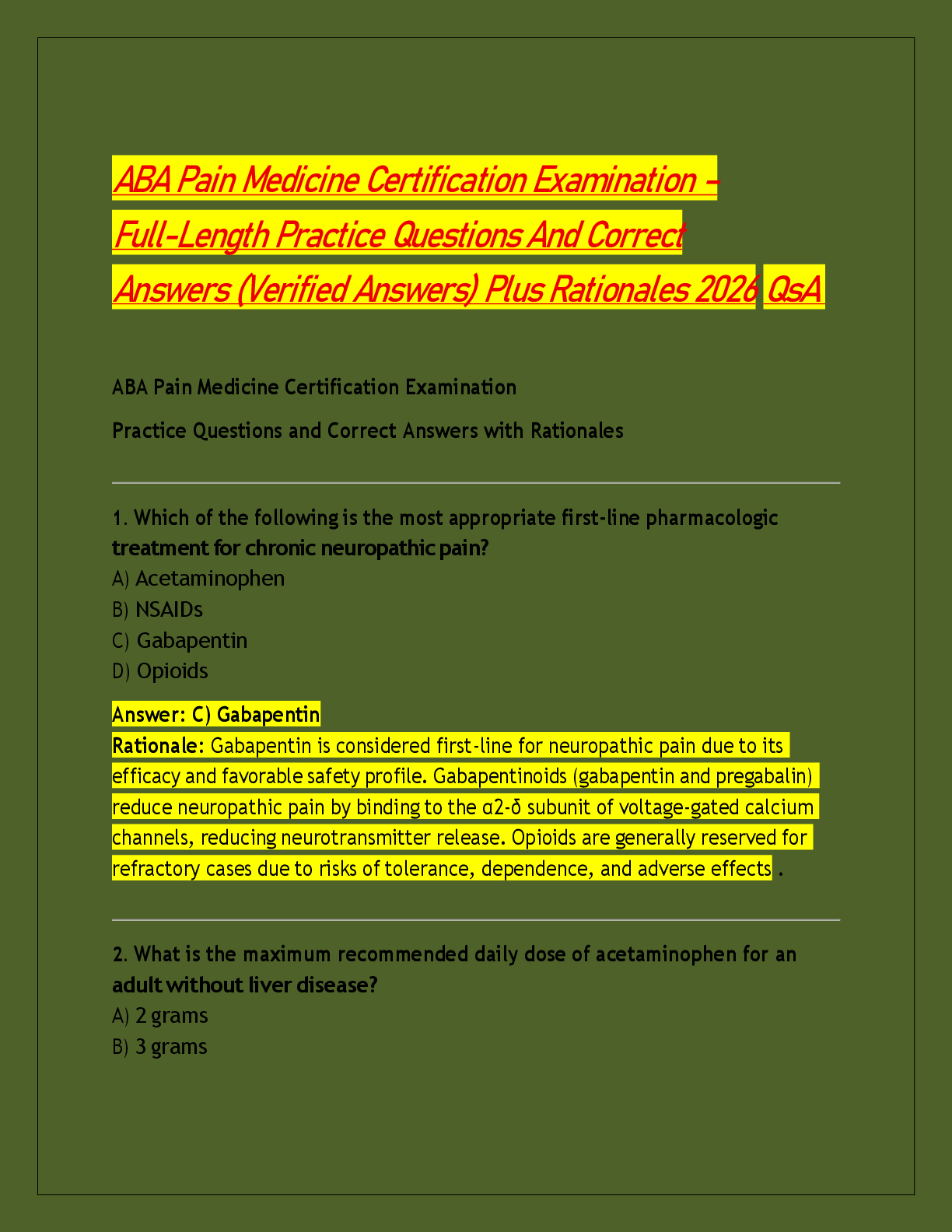 Preview image for ABA Pain Medicine Certification Examination –  Full-Length Practice Questions And Correct  Answers (Verified Answers) Plus Rationales 2026 QsA