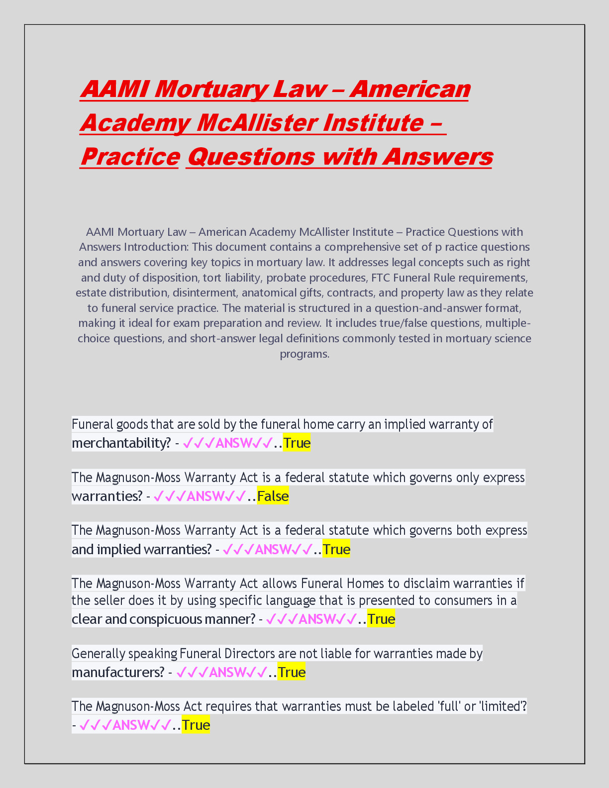 Preview of AAMI Mortuary Law – American  Academy McAllister Institute –  Practice Questions with Answ