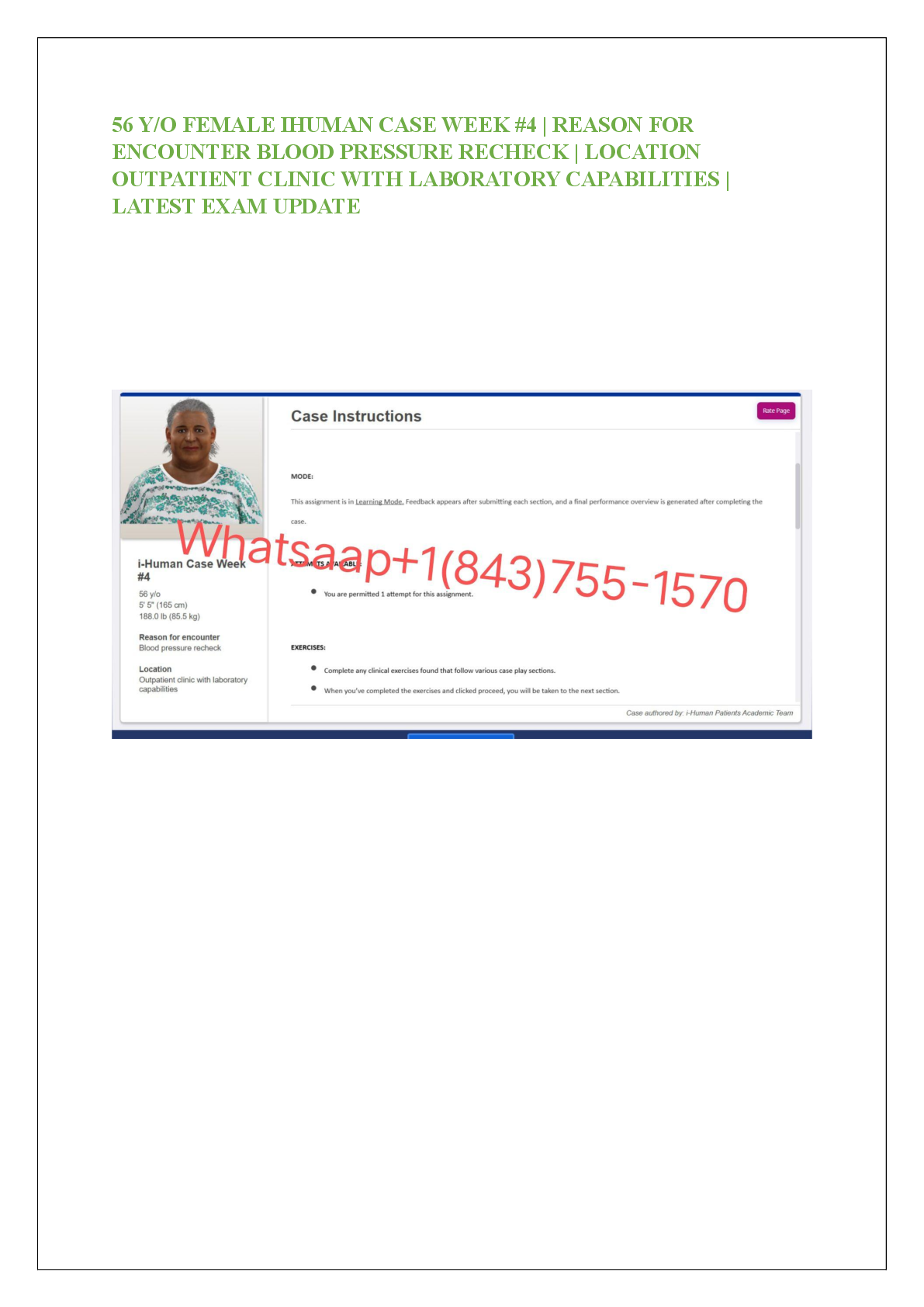 Preview of 56 Y/O FEMALE IHUMAN CASE WEEK #4 | REASON FOR  ENCOUNTER BLOOD PRESSURE RECHECK | LOCATION  OUTPATIENT CLINIC WITH LABORATORY CAPABILITIES |  LATEST EXAM UPDATE