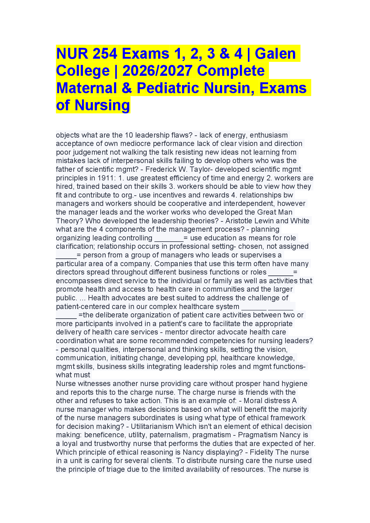 Recommended document preview for NUR 254 Exams 1, 2, 3 & 4: Complete Maternal & Pediatric Nursing – Galen College – 2026/2027