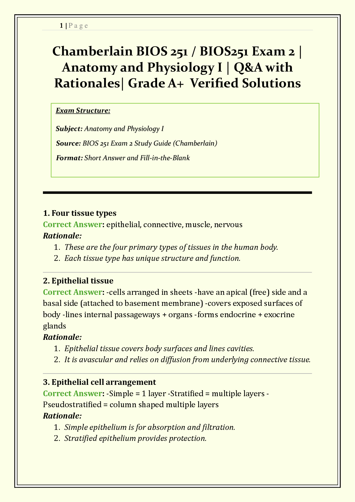 Preview of BIOS 251 / BIOS251 Exam 2 Chamberlain | 2026/2027 | Anatomy and Physiology I | Q&A with Rationales | Cell Division, Transport, Tissues | Verified Solutions