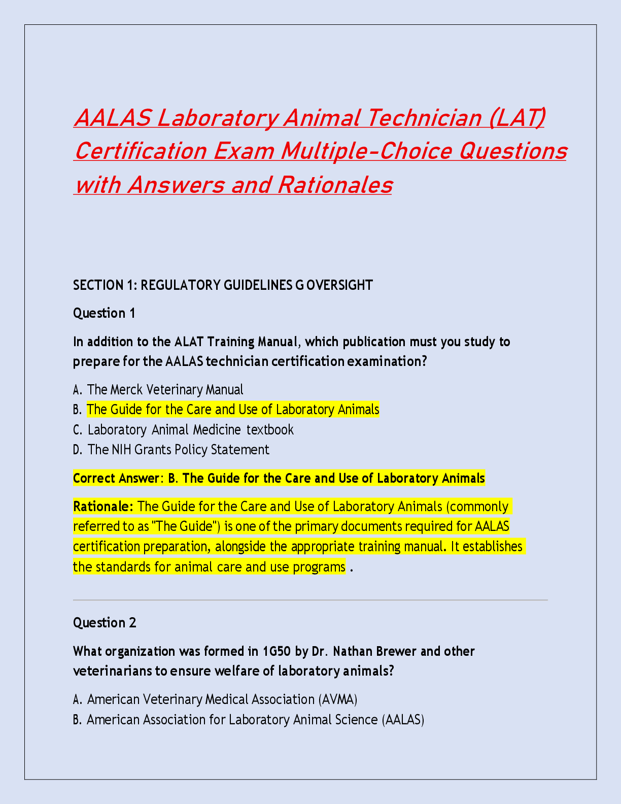 Preview of AALAS Laboratory Animal Technician (LAT)  Certification Exam Multiple-Choice Questions  wi