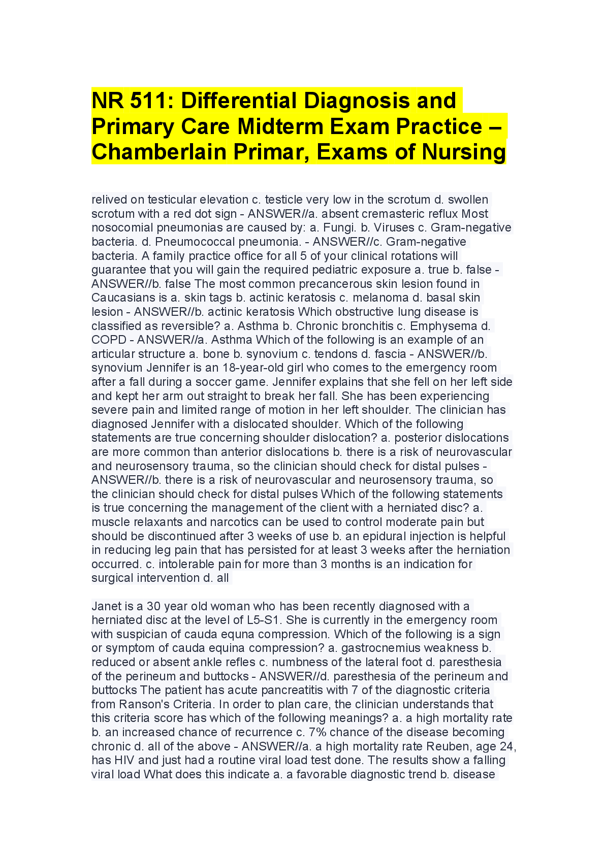 Recommended document preview for NR 511: Differential Diagnosis and Primary Care Midterm Exam Practice – Chamberlain