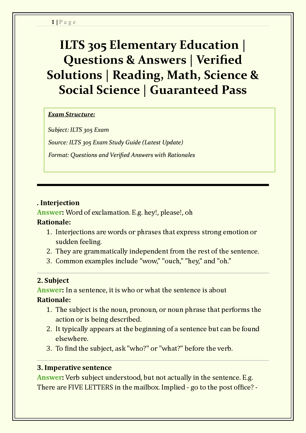 Preview of ILTS 305 Elementary Education Exam 2026/2027 | Questions & Answers | Reading, Math, Science & Social Science | Verified Solutions | Grade A+